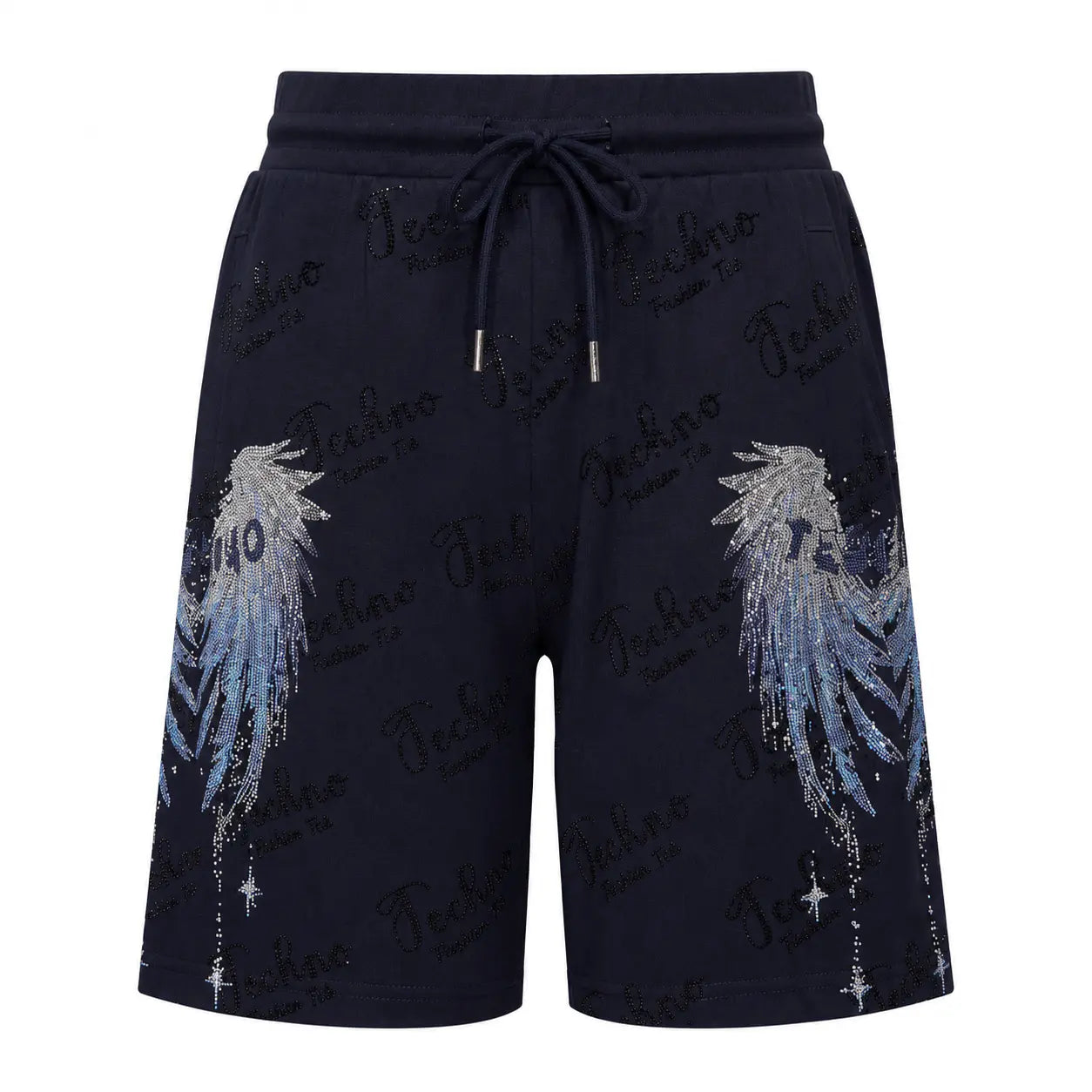 Navy blue shorts with a drawstring waist, featuring a repeating script logo pattern and large silver and blue feather graphics on the sides. TCH Rhinestone Angel Wing Gradient Cargo Shorts