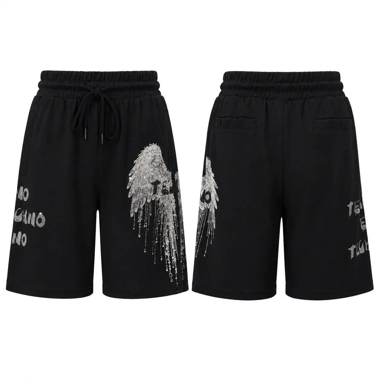 Black athletic shorts shown from the front and back, featuring a white graphic print of a winged figure and gothic-style text on the sides, with an elastic drawstring waist and side pockets. TCH Rhinestone Angel Wing Graphic Shorts