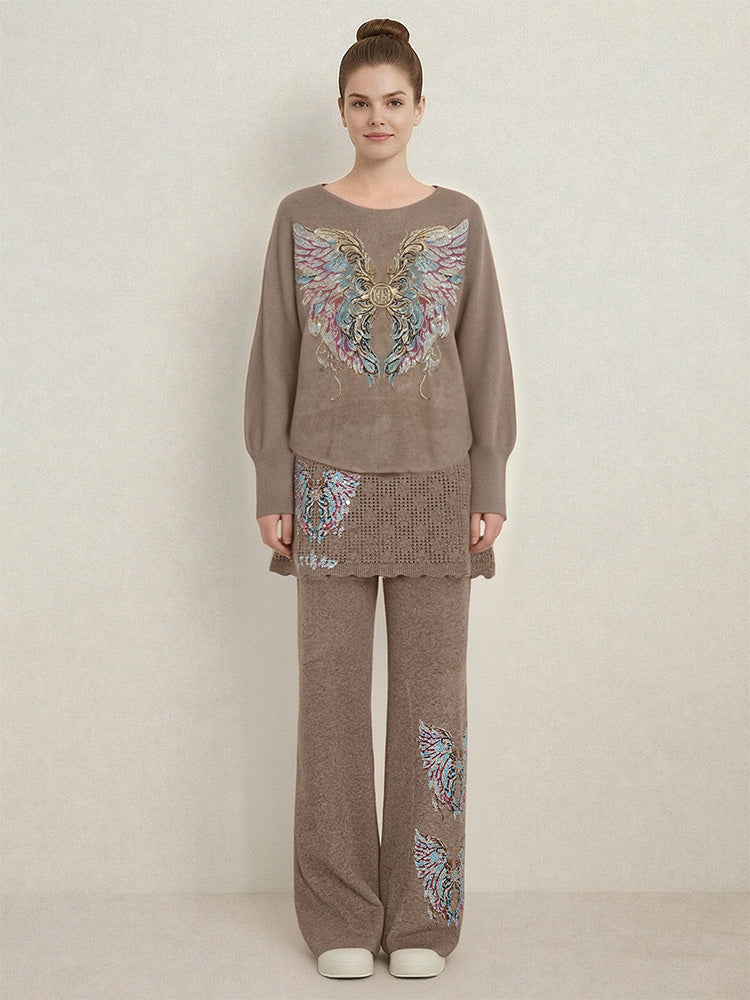 tch rhinestone angel wing knit pants set khaki HighEnd Luxury Streetwear Brand Official Showcase