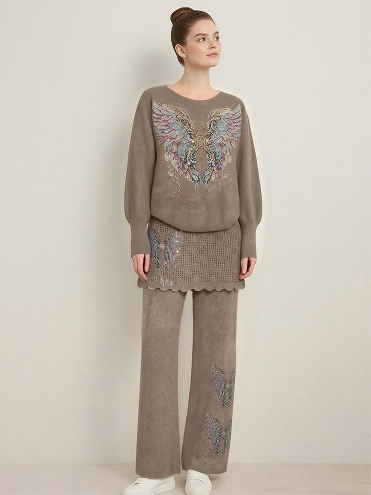 tch rhinestone angel wing knit pants set khaki HighEnd Luxury Streetwear Brand Official Showcase