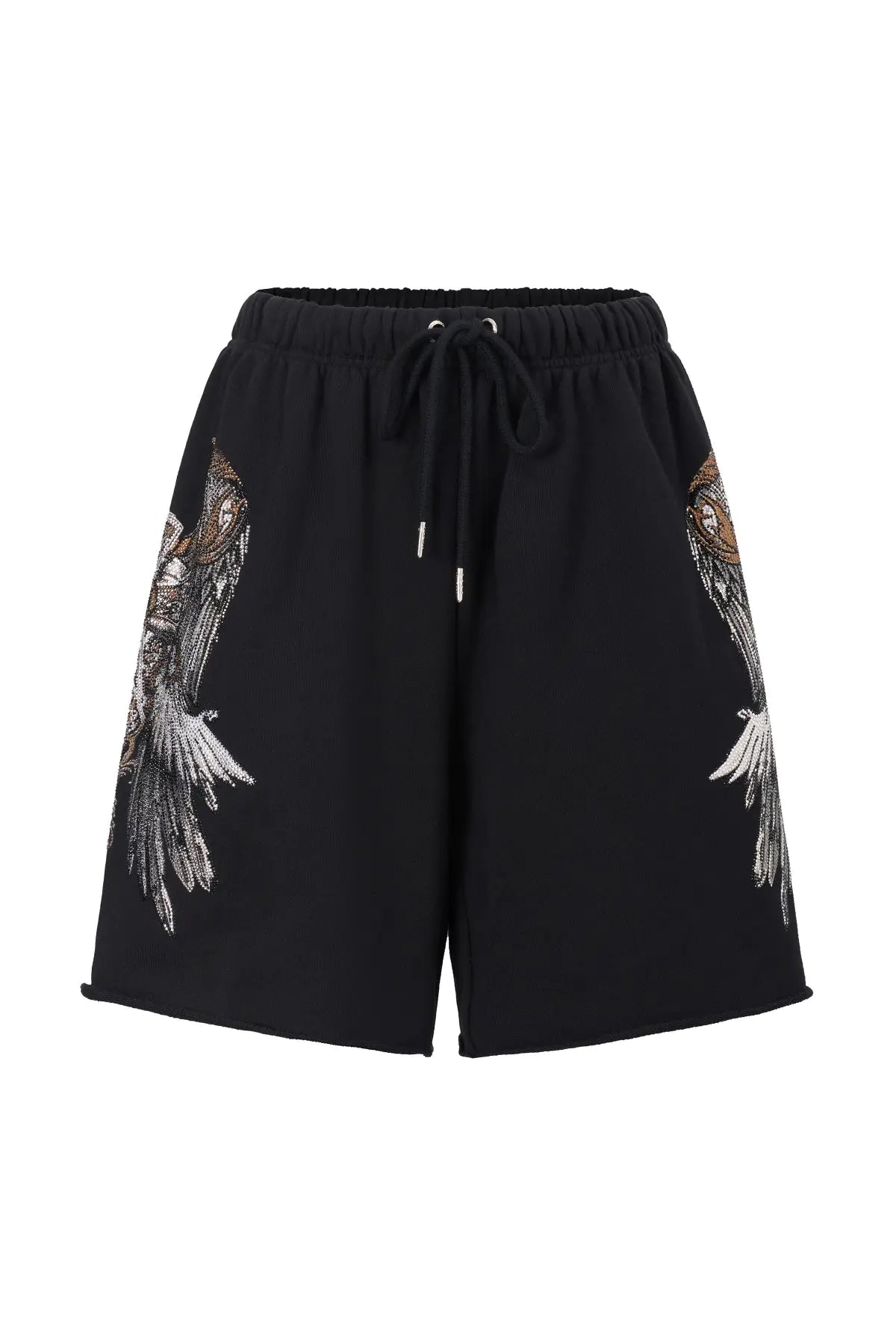 TCH Rhinestone Angel Wings Black Sweat Shorts TCH angel wings shorts Rhinestone black sweat shorts Black graphic shorts Angel wing sweat shorts Embellished black shorts Rhinestone streetwear shorts Y2K black shorts Relaxed fit sweat shorts Gothic graphic shorts Black casual drawstring shorts