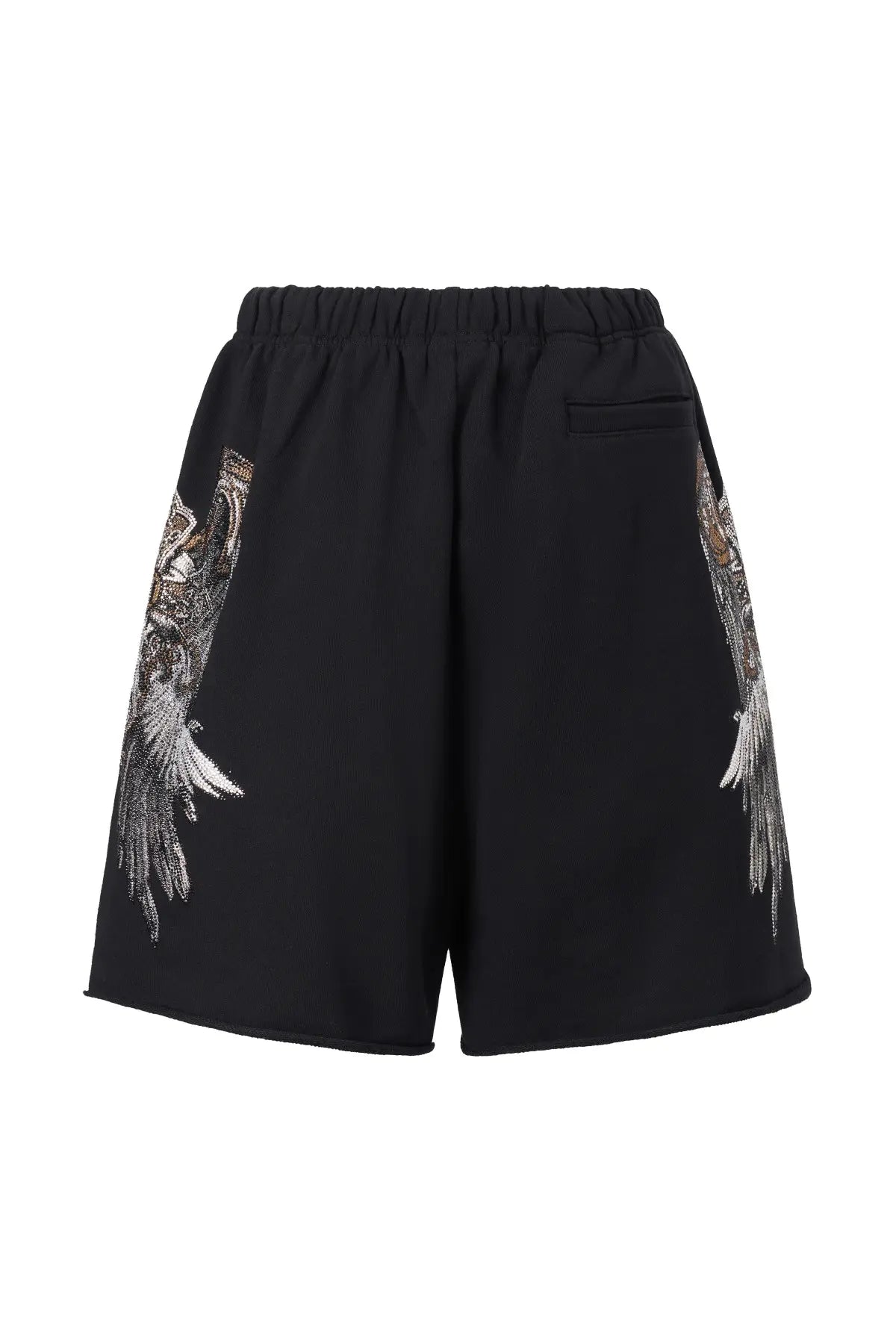 TCH Rhinestone Angel Wings Black Sweat Shorts TCH angel wings shorts Rhinestone black sweat shorts Black graphic shorts Angel wing sweat shorts Embellished black shorts Rhinestone streetwear shorts Y2K black shorts Relaxed fit sweat shorts Gothic graphic shorts Black casual drawstring shorts