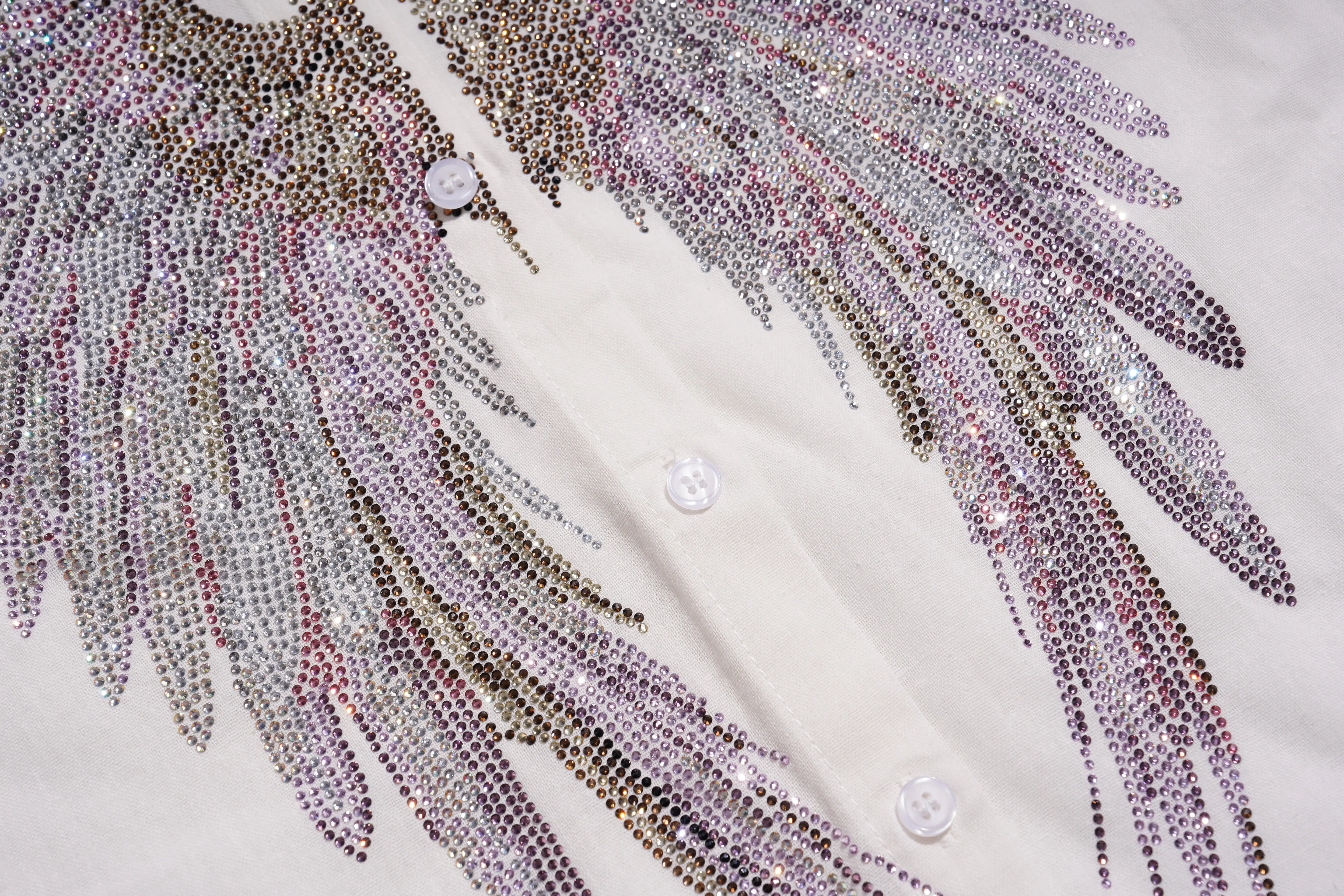 Close-up of a decorative shirt with feather-like embellishments on a plain background, TCH Rhinestone Angel Wings & Cross Set