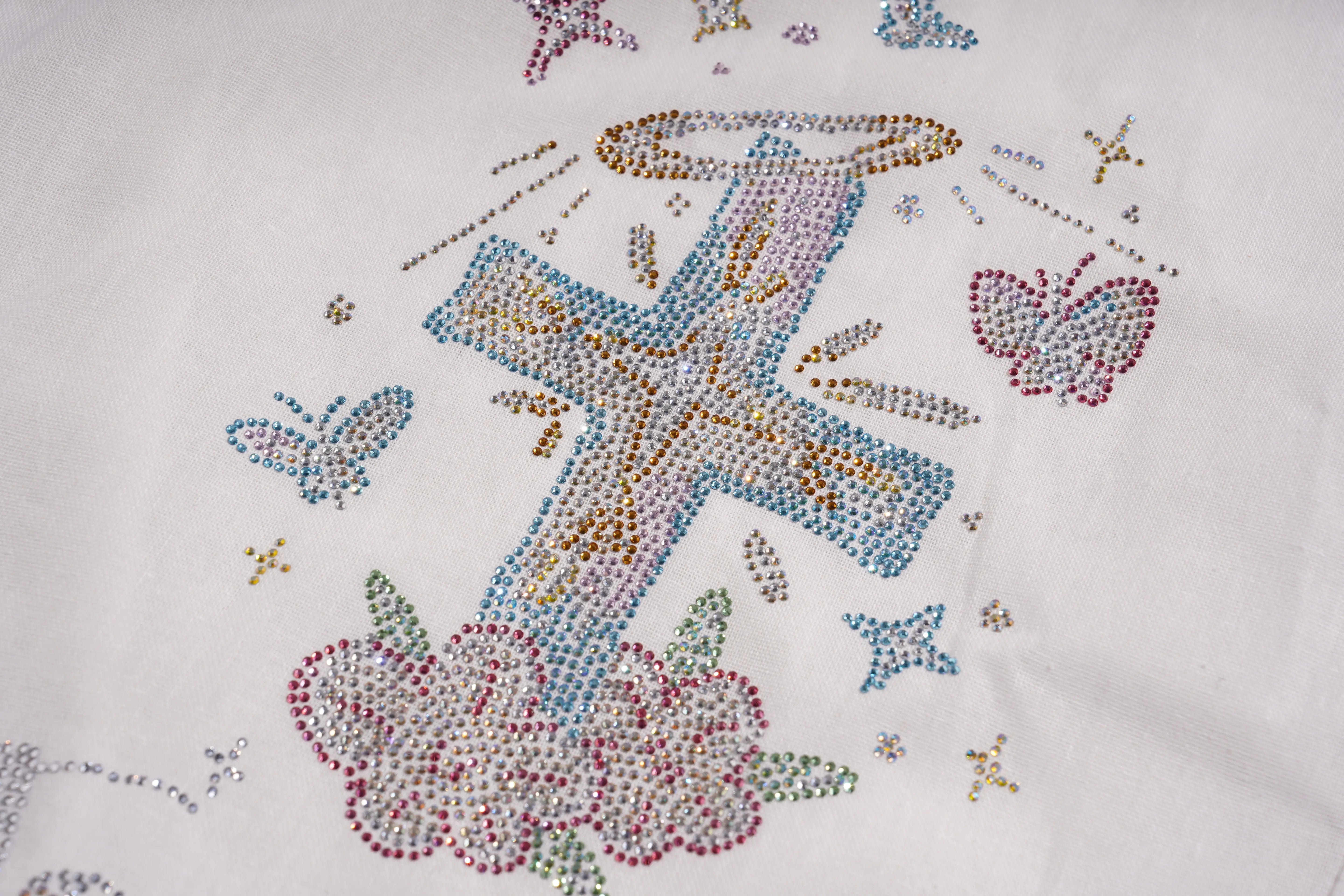 Decorative design with flowers, butterflies, and a cross on a white background, TCH Rhinestone Angel Wings & Cross Set
