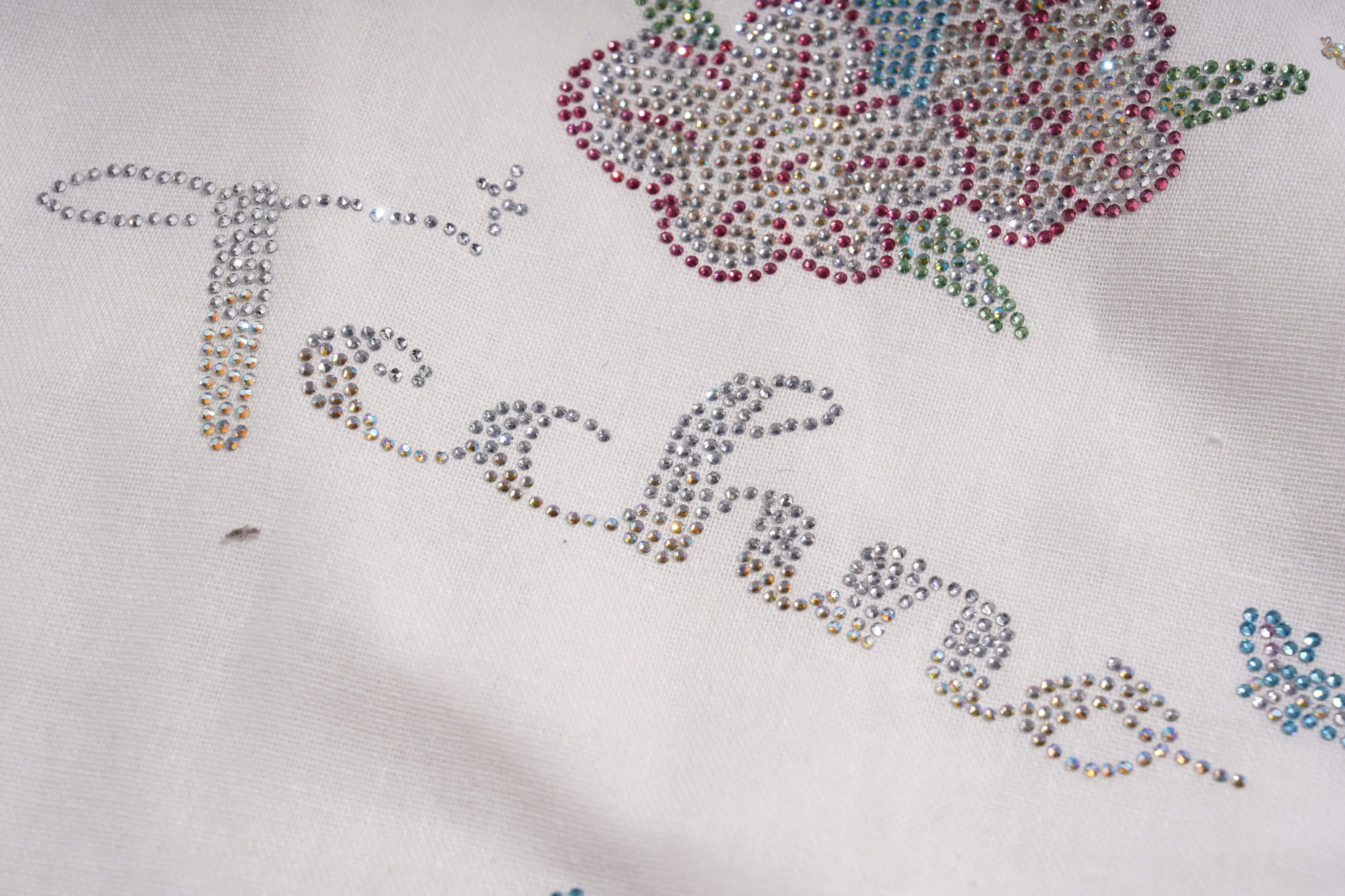Text 'Teaching' made of rhinestones on a fabric background with floral design. TCH Rhinestone Angel Wings & Cross Set