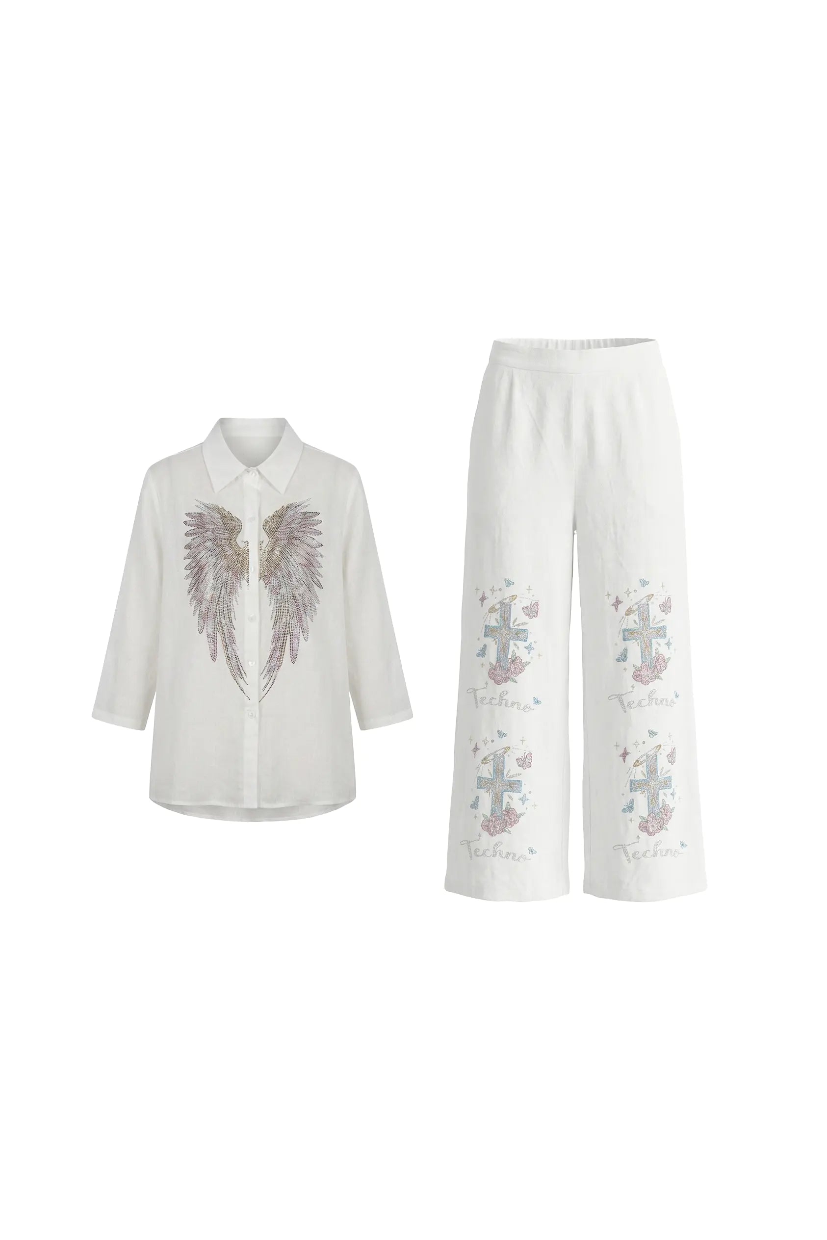 White outfit with floral embroidery on a white background, TCH Rhinestone Angel Wings & Cross Set