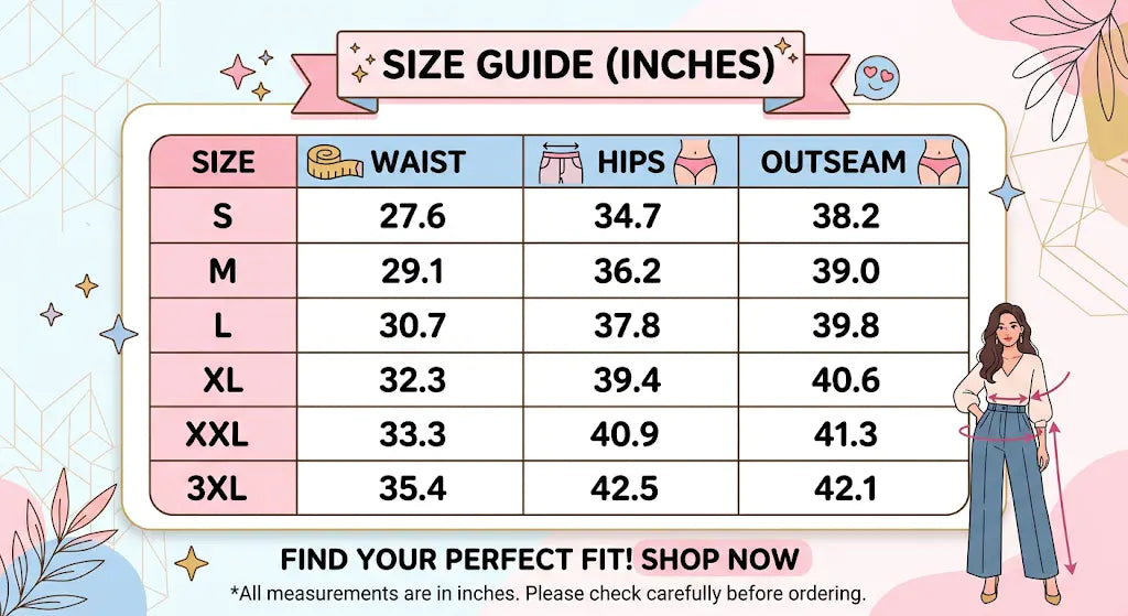 Size guide chart in inches showing waist, hips, and outseam measurements for sizes S through 3XL, with a small illustrated woman on the right and decorative pastel background elements. TCH Rhinestone Angel Wings Gold Detail Black Jogger Pants