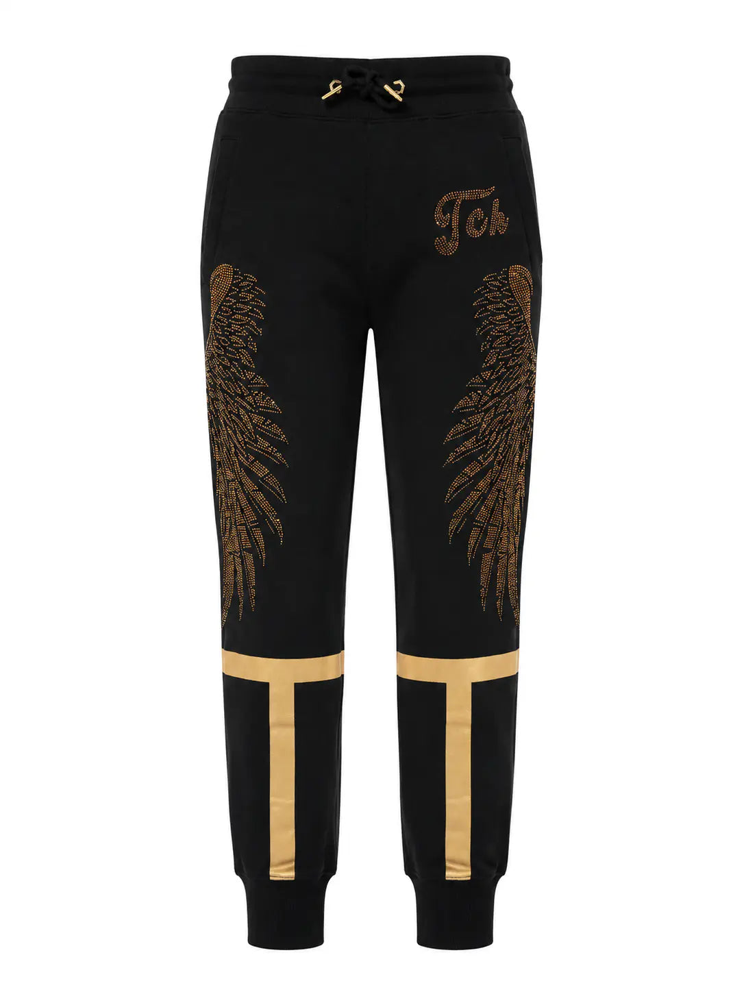 A black short-sleeve t-shirt with white sleeve panels and a highly detailed, ornate graphic on the front featuring a woman in a pink gown, green decorative lettering, and floral elements. TCH Rhinestone Angel Wings Gold Detail Black Jogger Pants