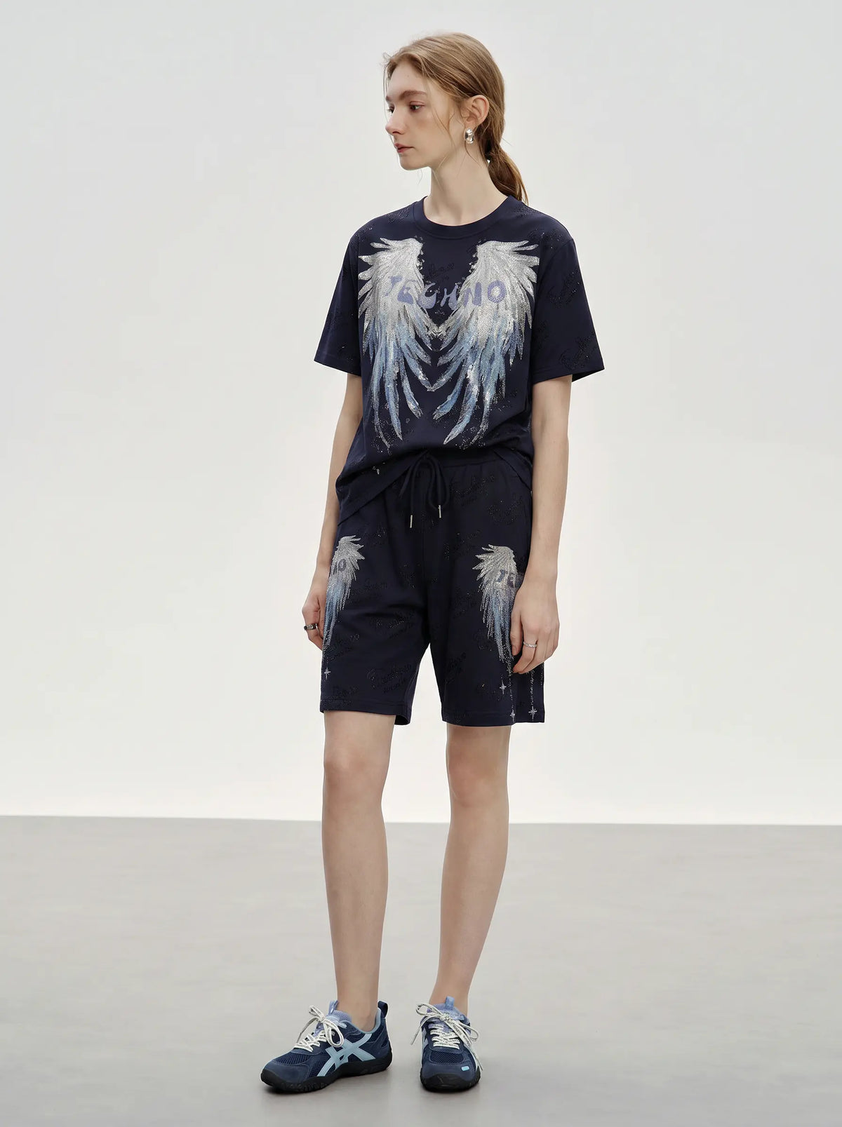 TCH Rhinestone Angel Wings Graphic Navy Blue T-Shirt Luxury Streetwear Brand Official Showcase