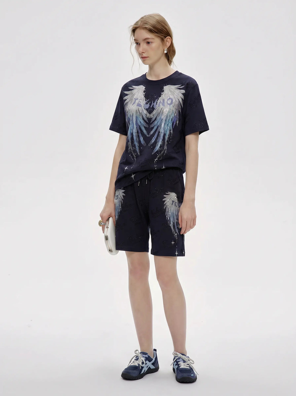 TCH Rhinestone Angel Wings Graphic Navy Blue T-Shirt Luxury Streetwear Brand Official Showcase