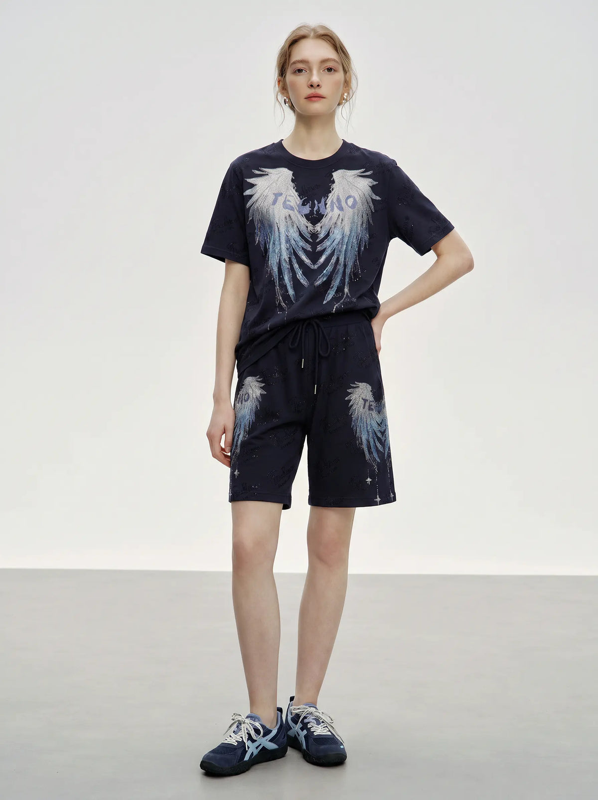 TCH Rhinestone Angel Wings Graphic Navy Blue T-Shirt Luxury Streetwear Brand Official Showcase