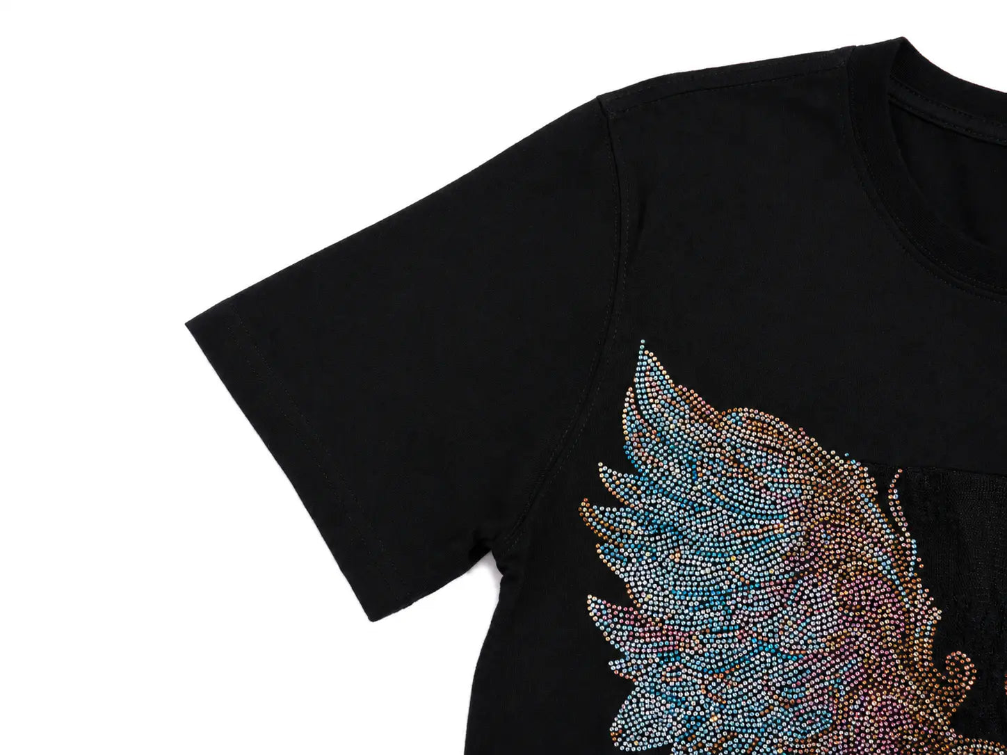 Close-up of a black short-sleeve T-shirt on a white background, featuring a large rhinestone-embellished wing graphic on the front. TCH Rhinestone Angel Wings Graphic T-Shirt