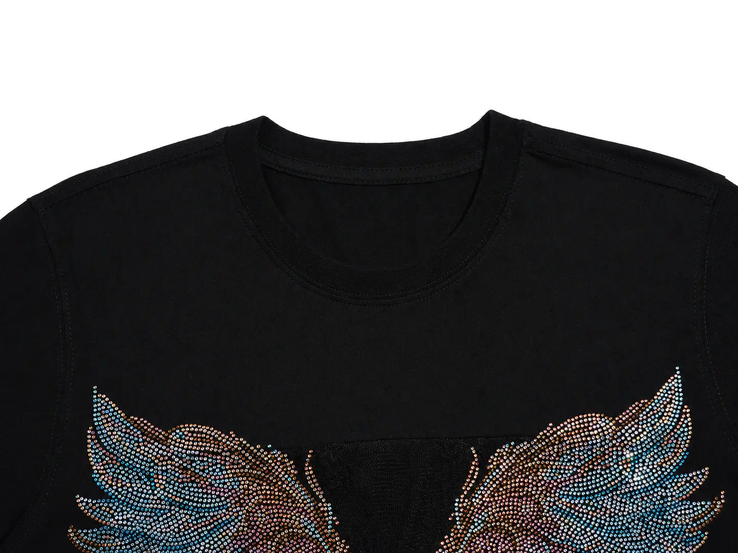 Close-up of a black crewneck t-shirt featuring a large, detailed graphic of angel wings embellished with iridescent rhinestones in shades of blue, purple, and gold. TCH Rhinestone Angel Wings Graphic T-Shirt