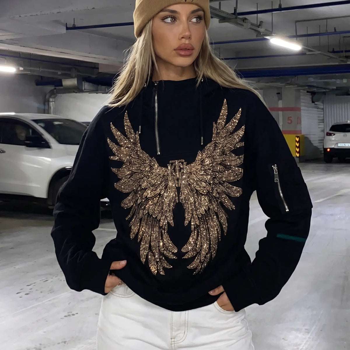 TCH Rhinestone Angel Wings Hoodie – Y2K Oversized Black Zip