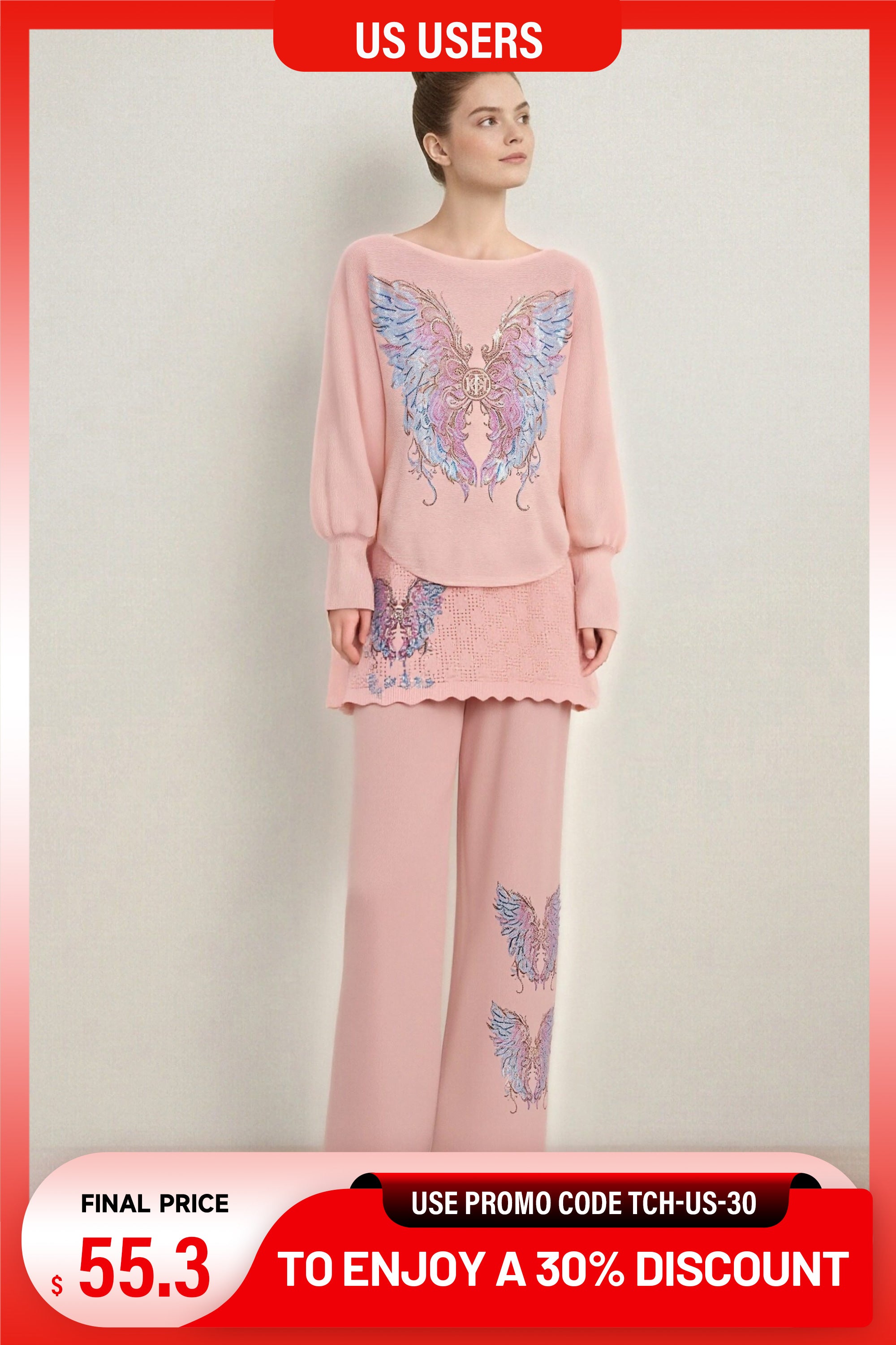 Pink outfit with butterfly designs on a plain background, TCH Rhinestone Angel Wings Layered Knit Top & Wide-Leg Pants Set 