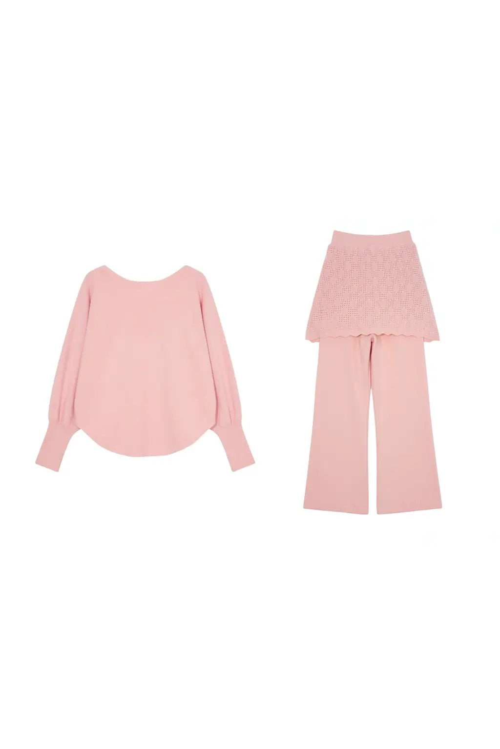Pink sweater and pants set on a white background, TCH Rhinestone Angel Wings Layered Knit Top & Wide-Leg Pants Set