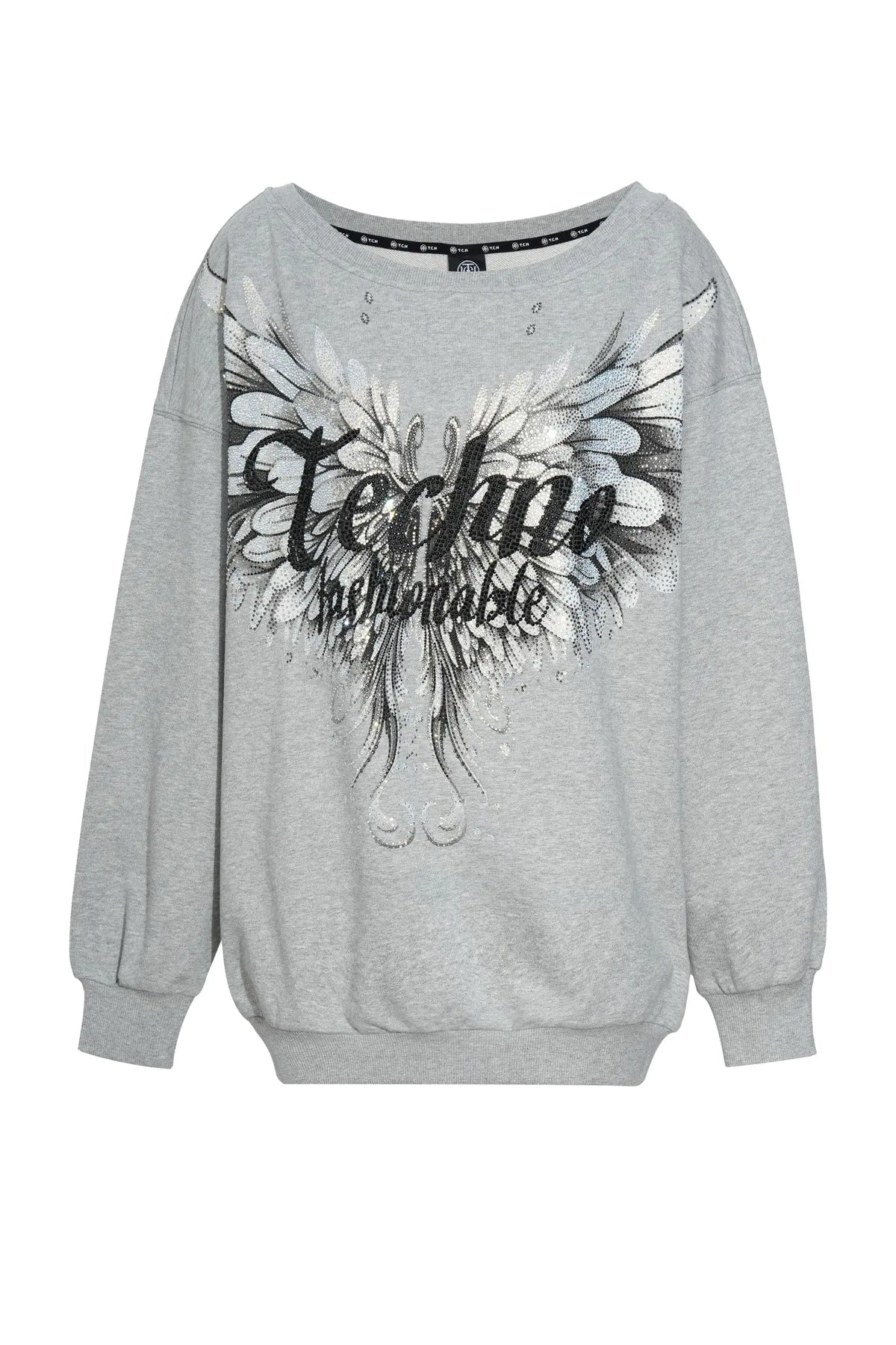 TCH Rhinestone Angel Wings Oversized Grey Sweatshirt TCH angel wings sweatshirt Grey rhinestone sweatshirt Oversized grey sweatshirt Angel wing graphic pullover Rhinestone embellished sweatshirt Black and white graphic sweatshirt Oversized streetwear sweatshirt Feather wing graphic top Y2K graphic sweatshirt Grey casual crewneck sweatshirt
