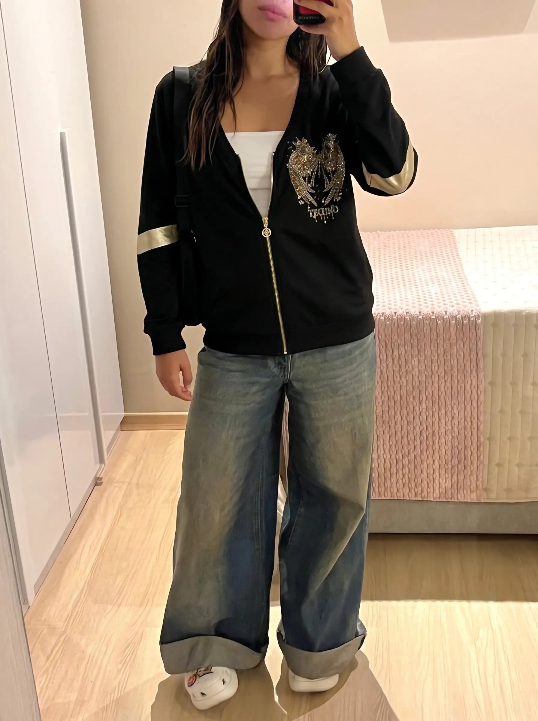 TCH Rhinestone Angel Wings V-Neck Zip Sweatshirt Luxury Streetwear Brand Official Showcase
