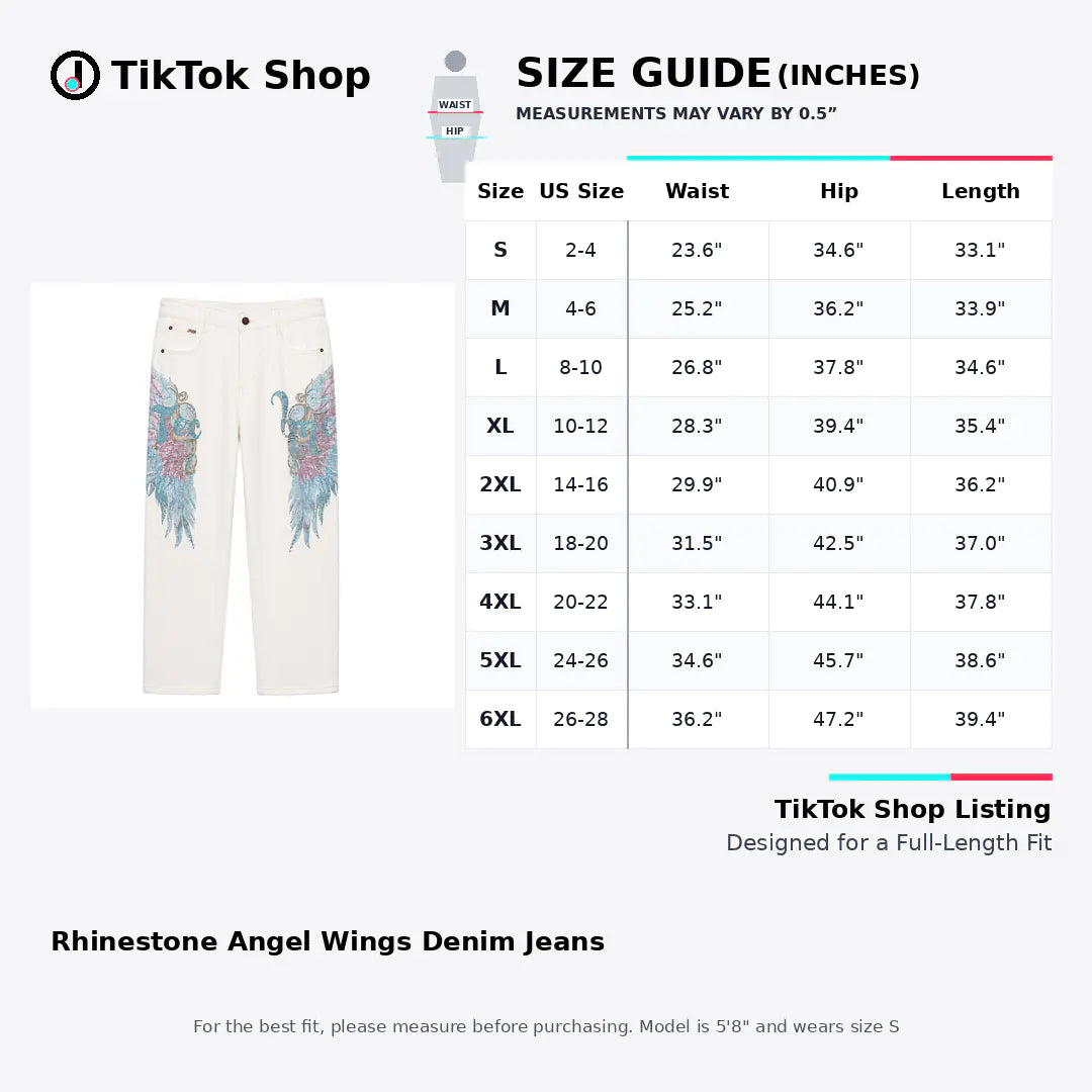 Size guide chart for TikTok Shop's 'Rhinestone Angel Wings Denim Jeans' with a size table from S to 6XL, waist, hip, and length measurements, alongside a photo of light-wash denim jeans with colorful angel wing embroidery on the left. TCH Rhinestone Angel Wings White Straight-Leg Jeans