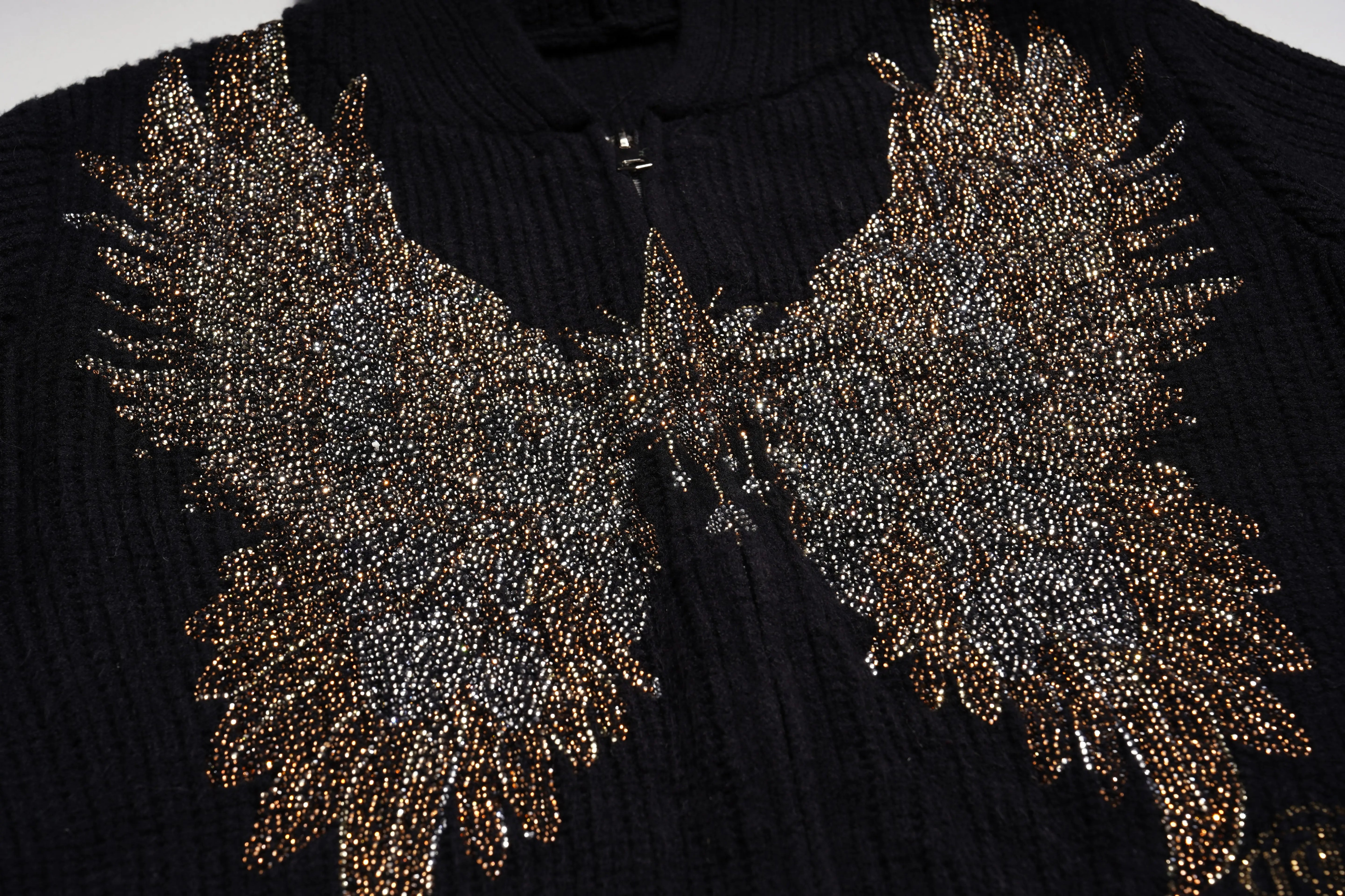 Black sweater with gold and silver embellished collar design, TCH Rhinestone Angel Wings Zip Hoodie & Flare Pants Set
