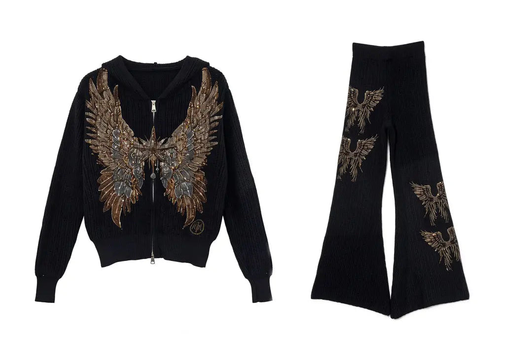 Black outfit with embroidered designs on a white background, TCH Rhinestone Angel Wings Zip Hoodie & Flare Pants Set