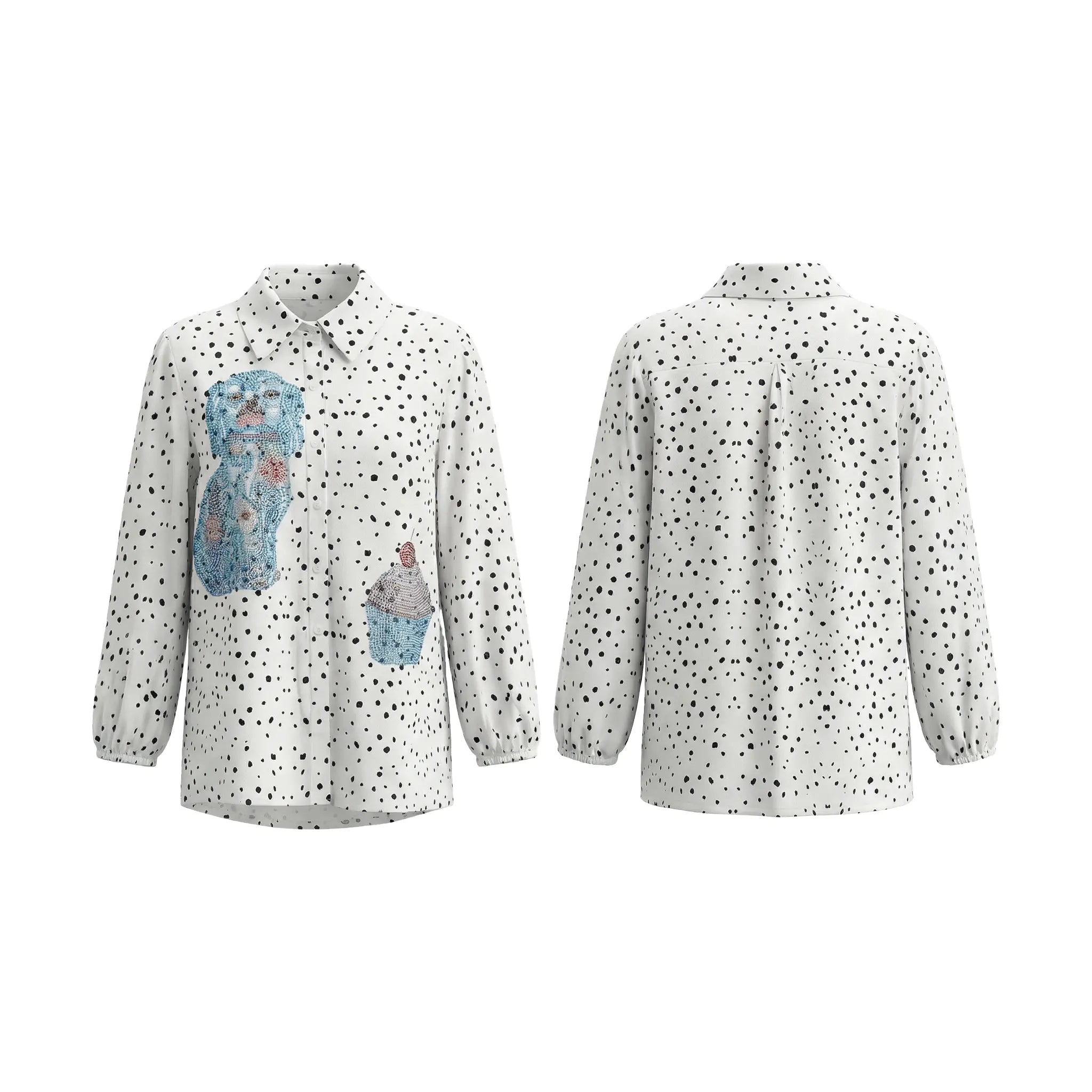 White shirt with black polka dot pattern and blue graphic on a white background, TCH Rhinestone Animal Polka Dot Shirt