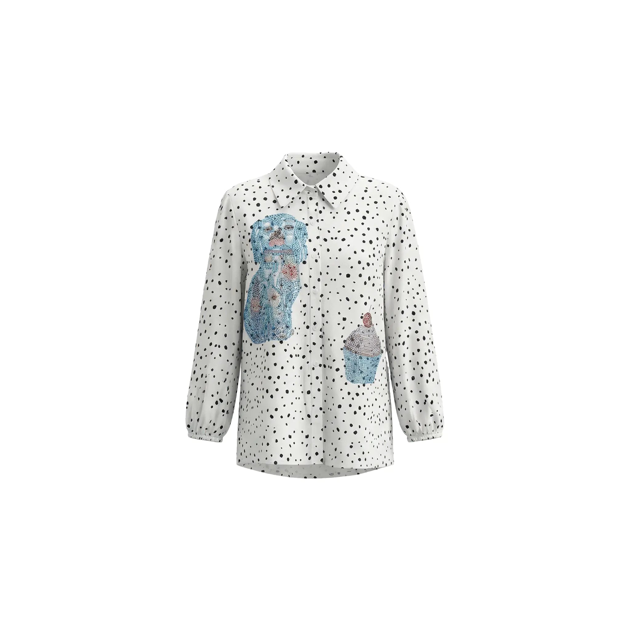 White shirt with blue character designs on a white background, TCH Rhinestone Animal Polka Dot Shirt