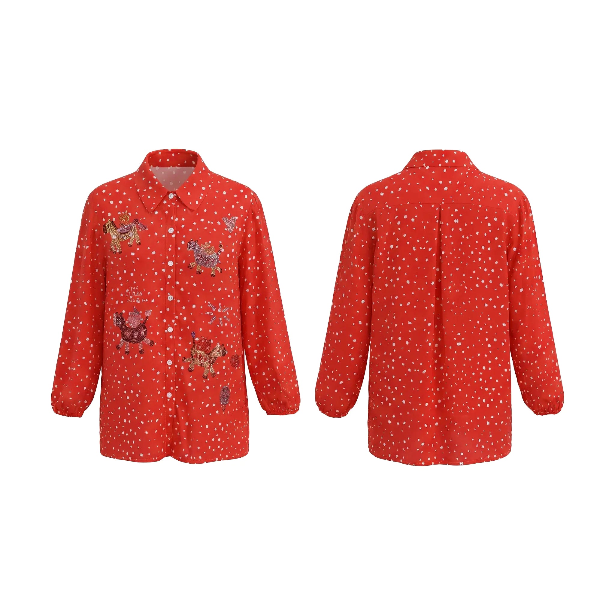 Red shirt with small patterns on a white background, TCH Rhinestone Animal Polka Dot Shirt