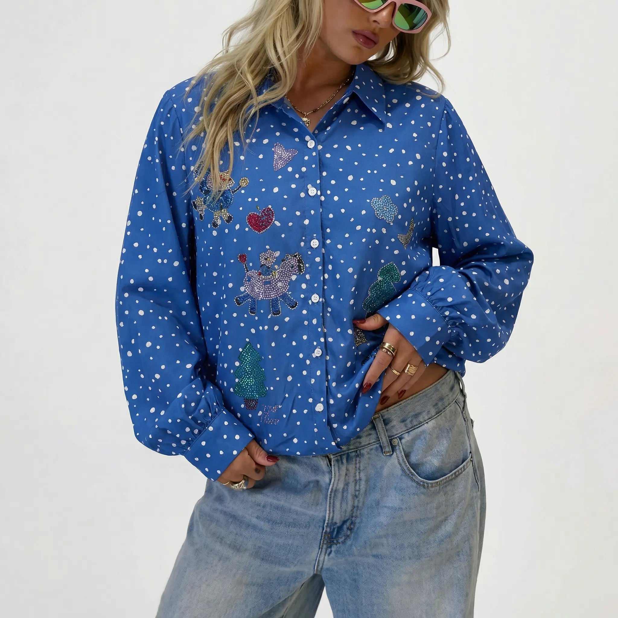 Person wearing a blue shirt with embroidered designs on a white background, TCH Rhinestone Animal Polka Dot Shirt