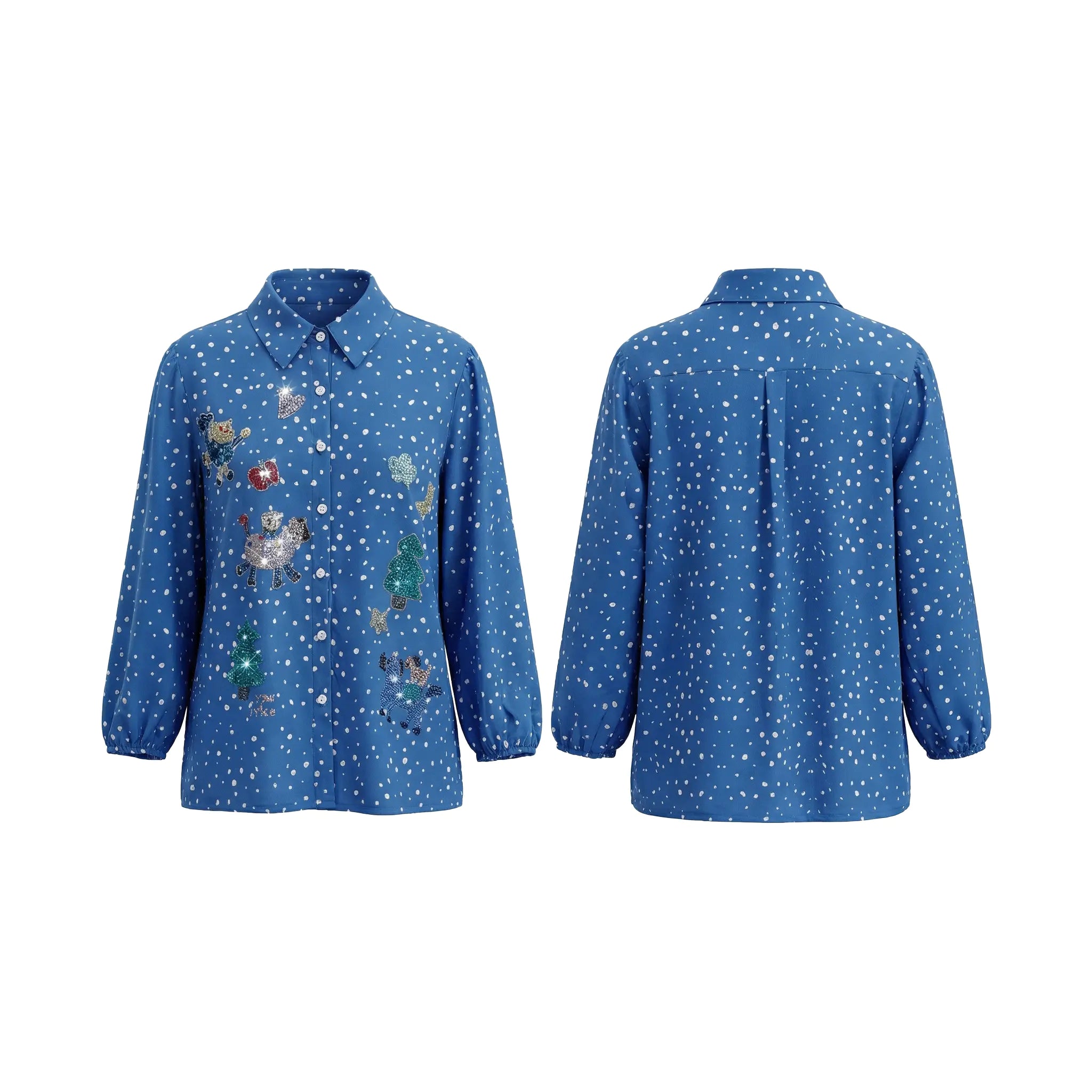 Blue shirt with decorative patterns on a white background, TCH Rhinestone Animal Polka Dot Shirt