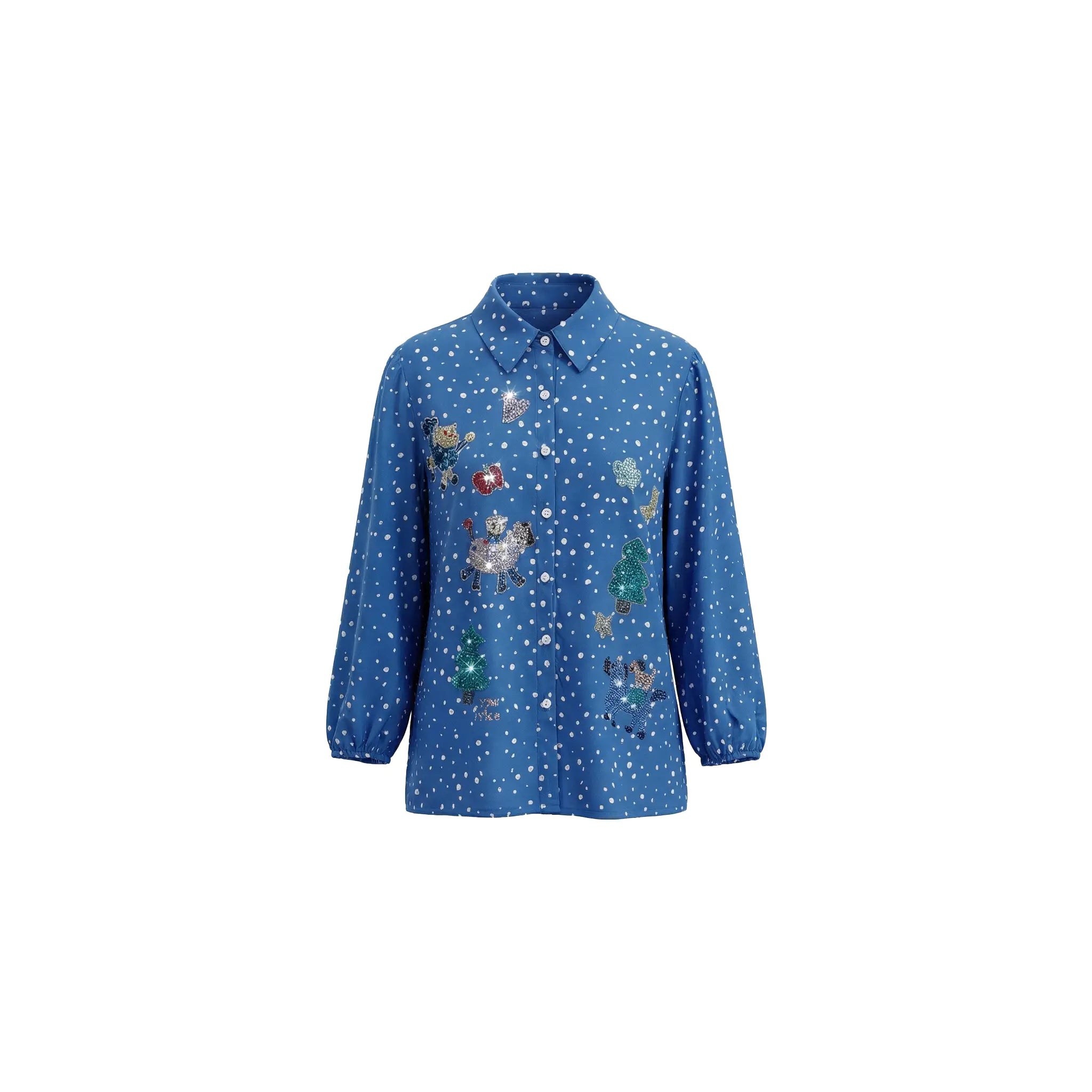 Blue shirt with colorful embroidered designs on a white background, TCH Rhinestone Animal Polka Dot Shirt
