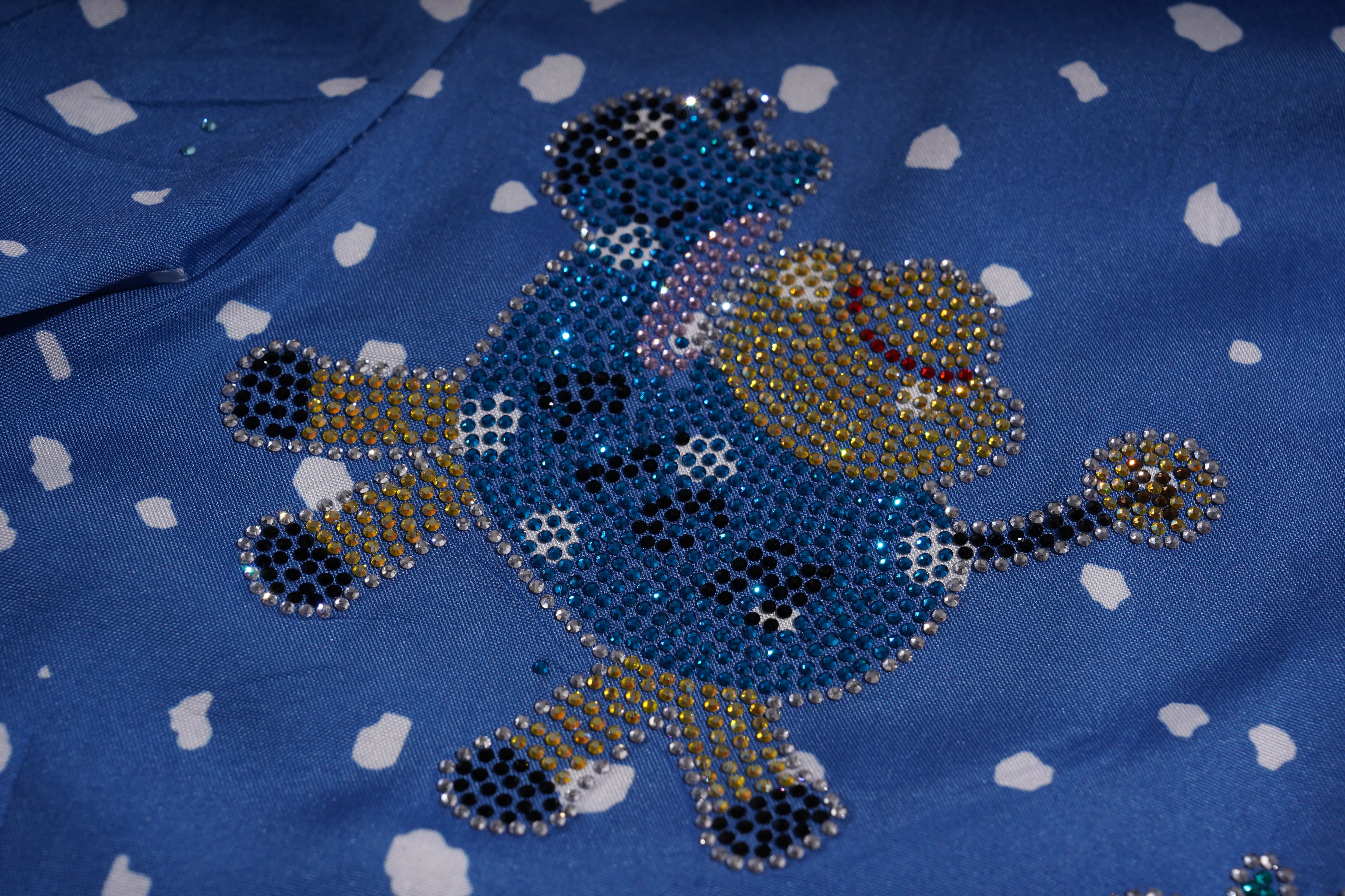 Blue teddy bear design with rhinestones on a blue fabric background, TCH Rhinestone Animal Polka Dot Shirt