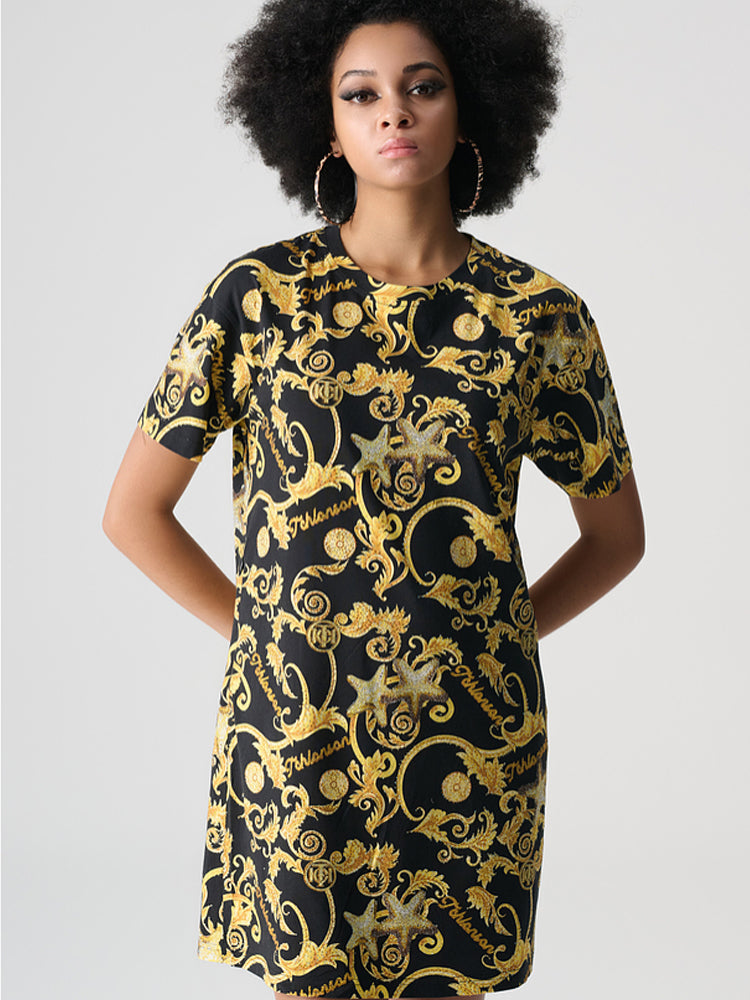 tch rhinestone baroque print t-shirt dress blackandgold HighEnd Luxury Streetwear Brand Official Showcase