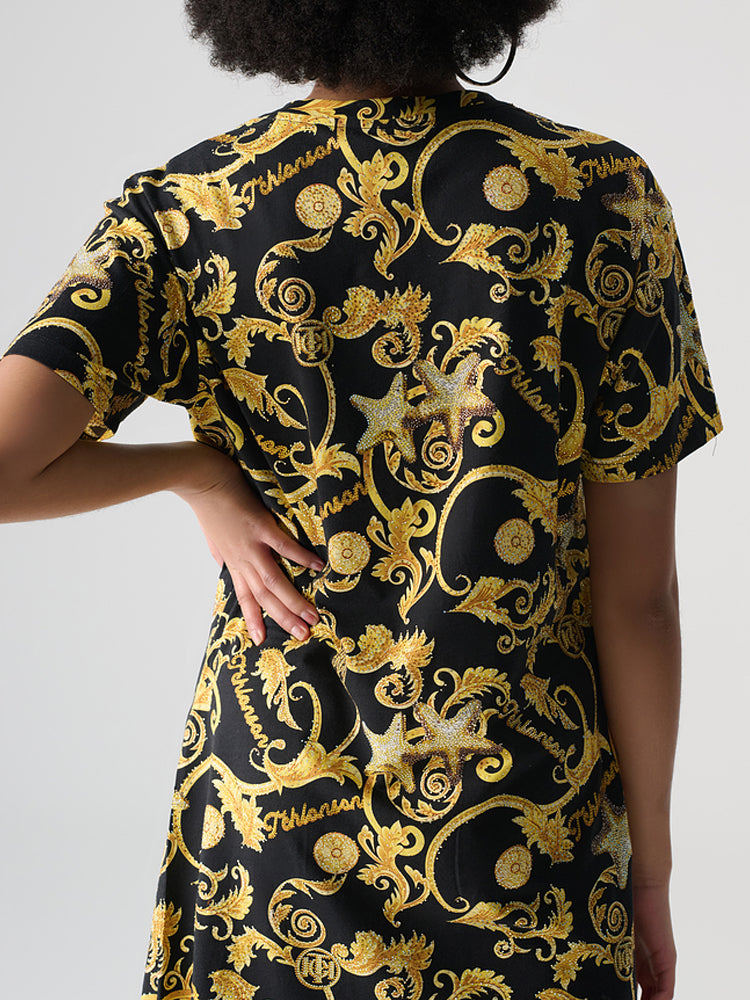 tch rhinestone baroque print t-shirt dress blackandgold HighEnd Luxury Streetwear Brand Official Showcase