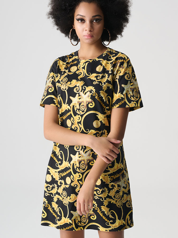 tch rhinestone baroque print t-shirt dress blackandgold HighEnd Luxury Streetwear Brand Official Showcase