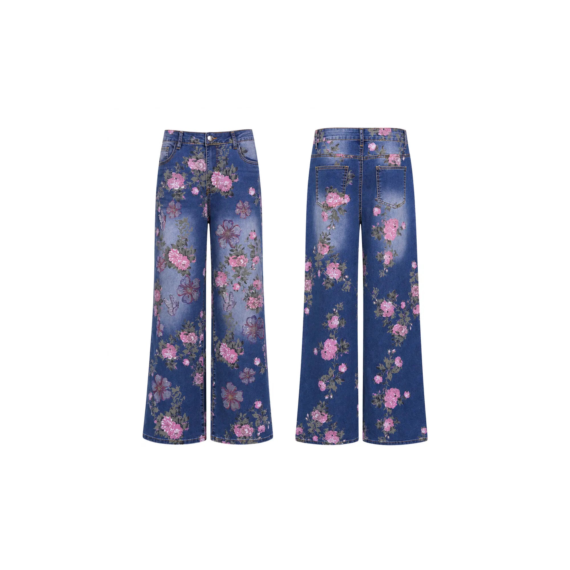Pair of blue jeans with pink floral pattern on a white background, TCH Rhinestone Blossom Print Denim Jeans