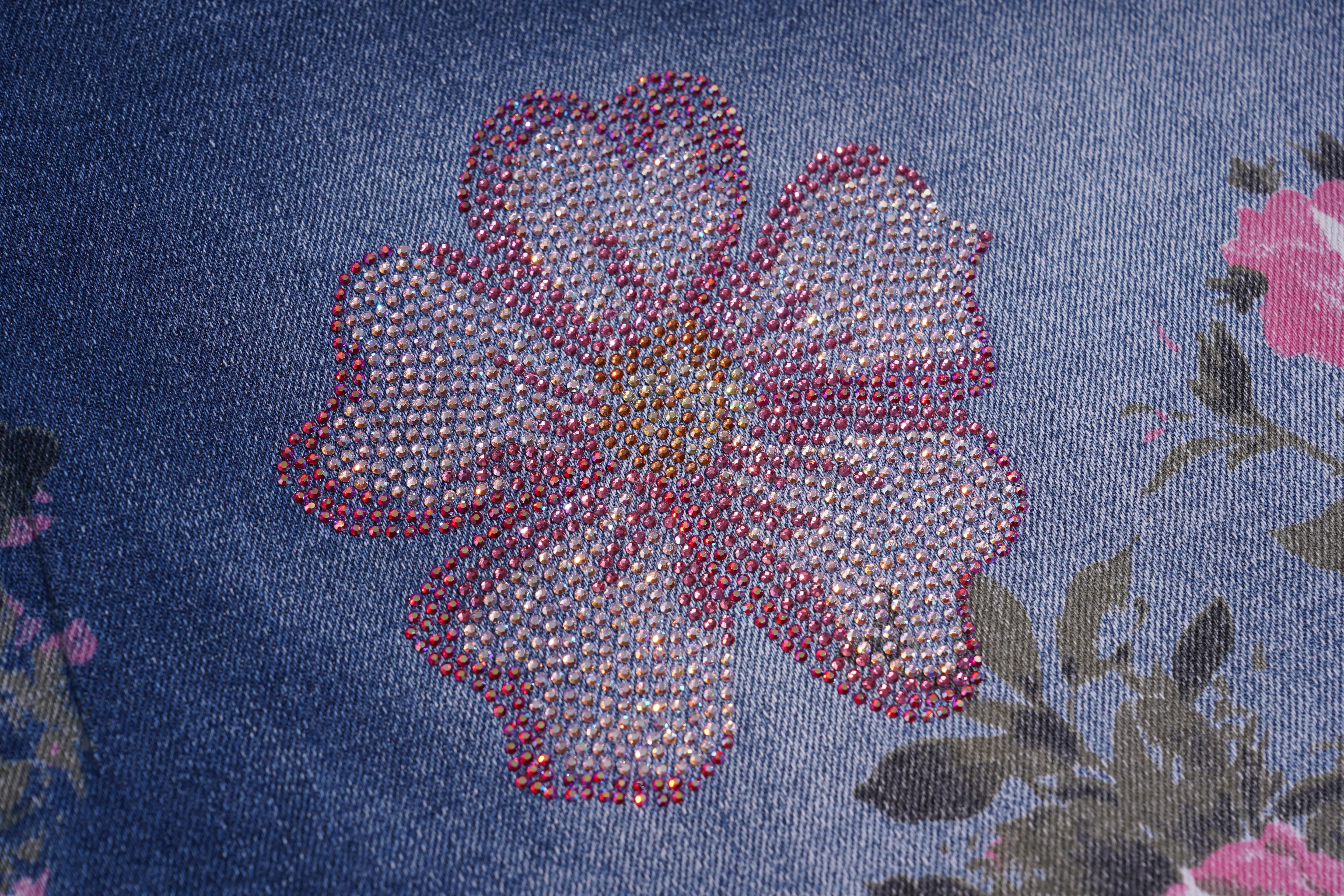 Floral pattern with rhinestone embellishments on a blue fabric background, TCH Rhinestone Blossom Print Denim Jeans