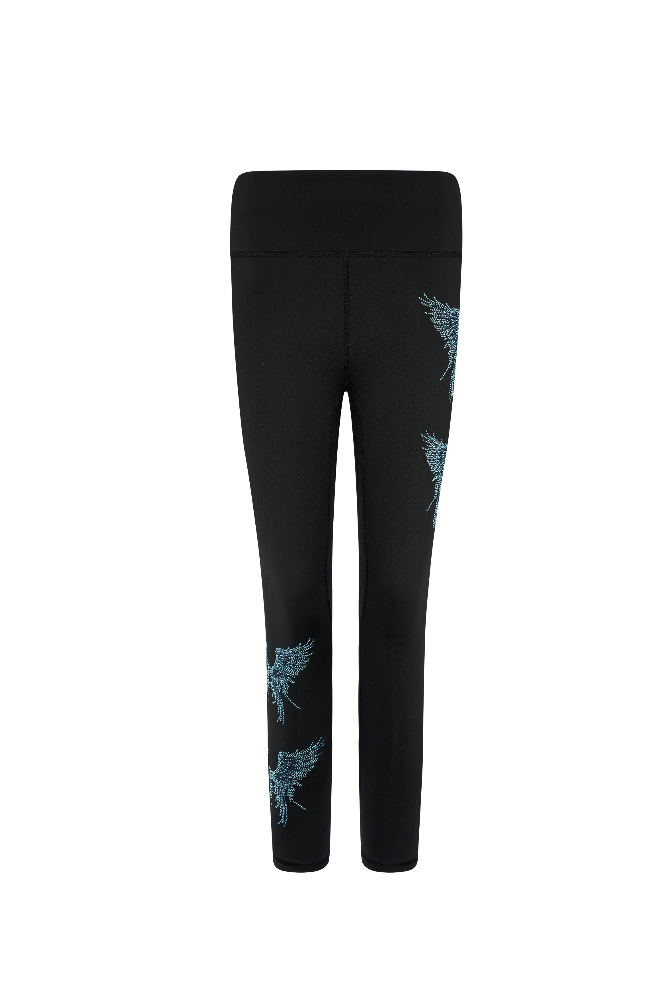 Black leggings with blue designs on a white background, TCH Rhinestone Blue Wings Black High-Waist Leggings