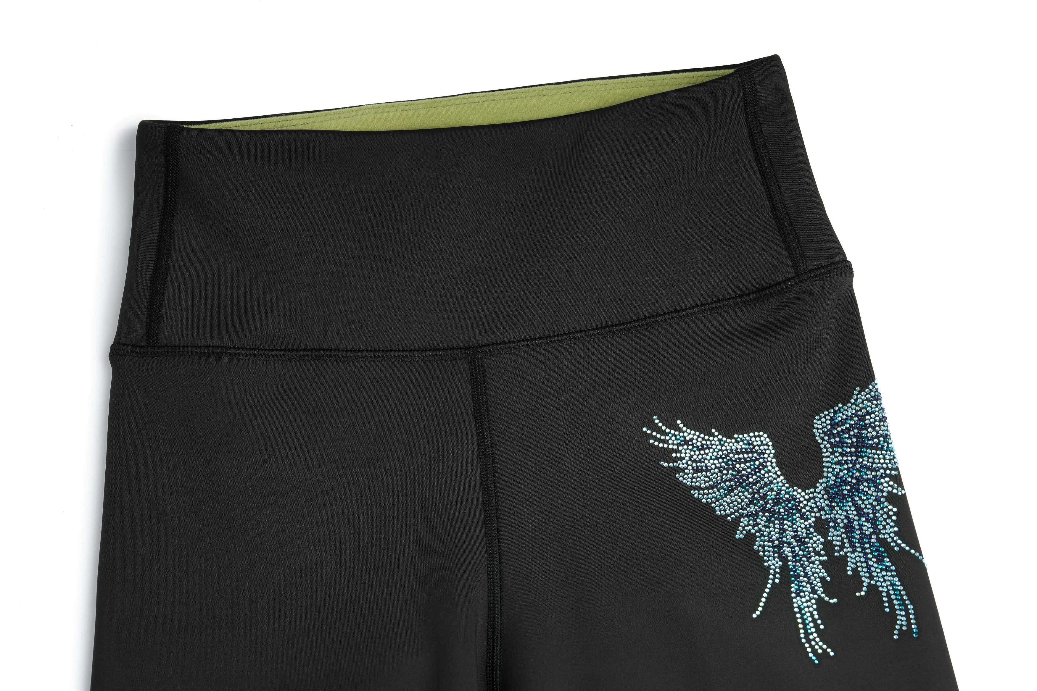 Black leggings with teal embroidery on a white background, TCH Rhinestone Blue Wings Black High-Waist Leggings