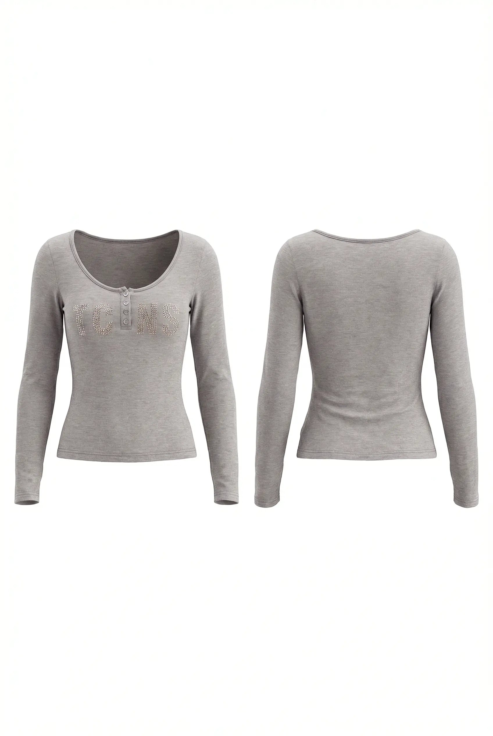 A light gray long-sleeve top shown from both the front and back views against a plain white background. TCH Rhinestone Bow 3-Piece Lounge Set