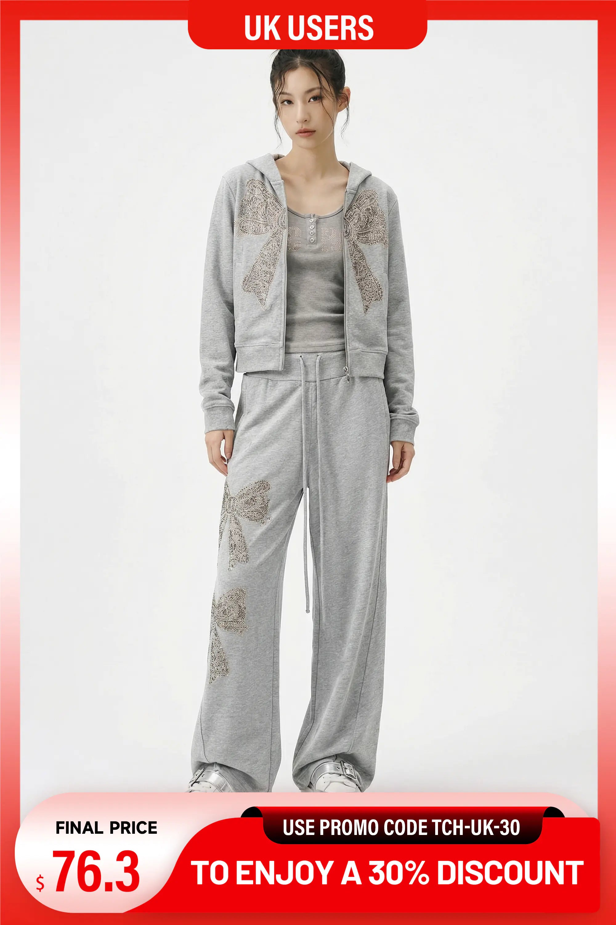 A woman modeling a light gray two-piece tracksuit with butterfly pattern details on the jacket and pants, set against a white studio background with promotional text banners. TCH Rhinestone Bow 3-Piece Lounge Set