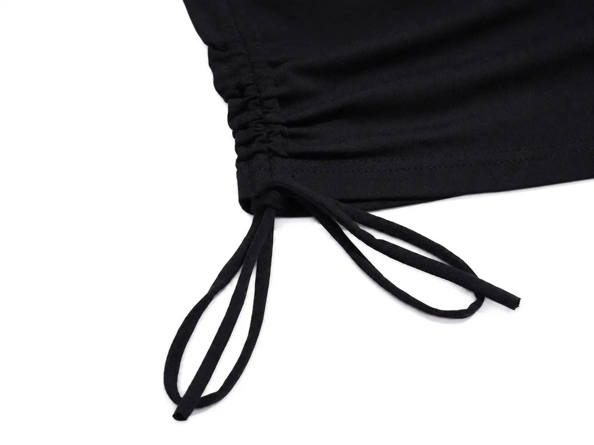 Close-up of a black fabric garment with a gathered side and drawstring tie, shown on a plain white background. TCH Rhinestone Bow Cherry Drawstring Long Sleeve Top