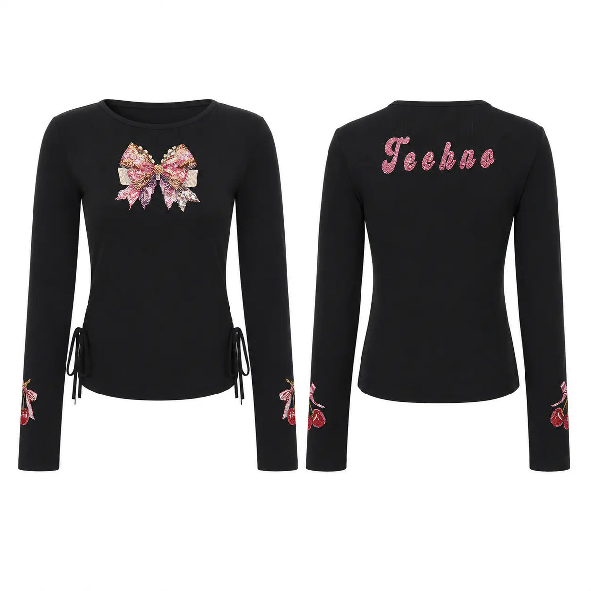 Black long-sleeve top shown from the front and back on a white background. The front features a large pink and gold sequined bow on the chest, side drawstrings, and floral embroidery on the cuffs. TCH Rhinestone Bow Cherry Drawstring Long Sleeve Top