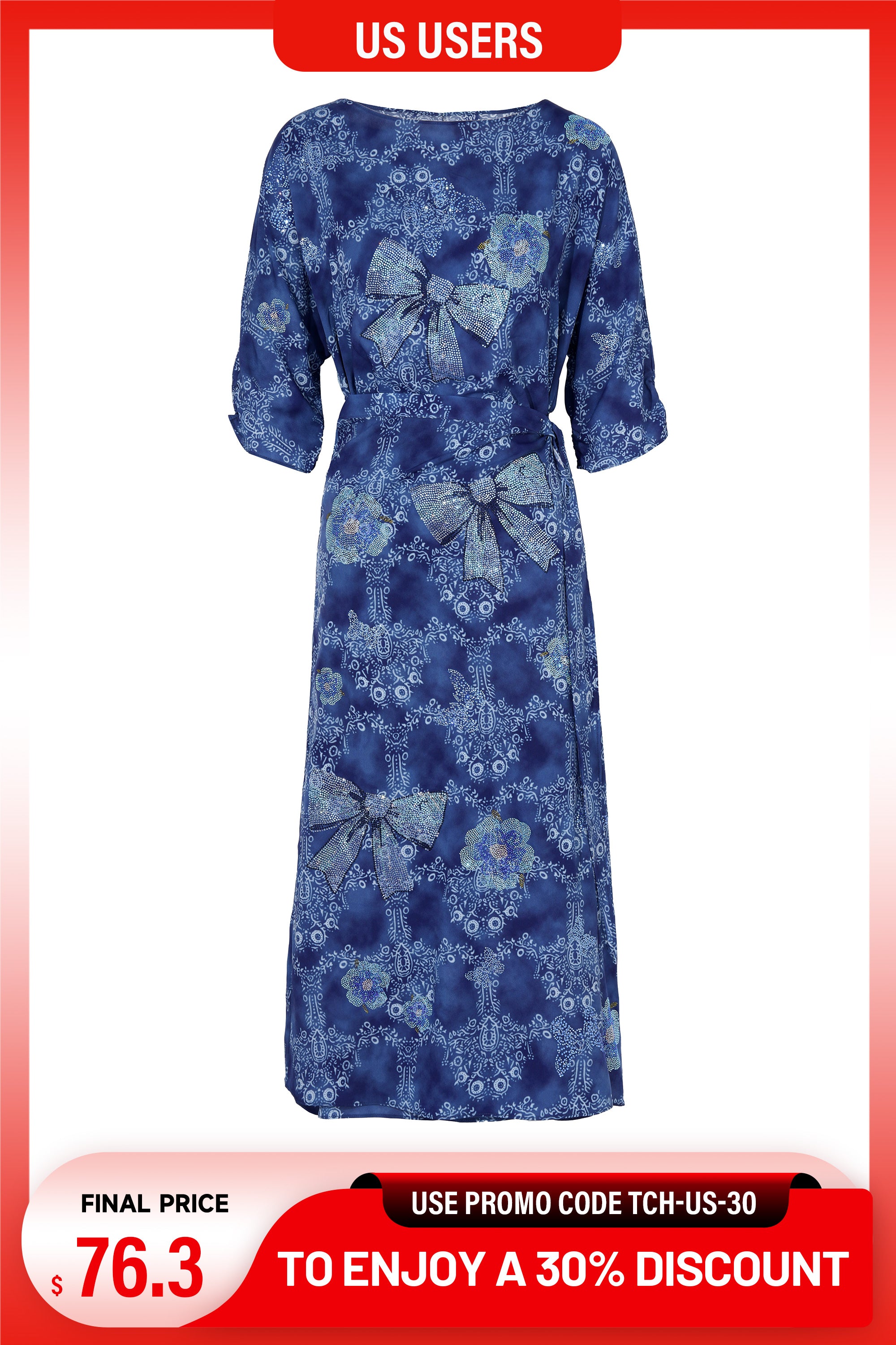 Blue floral dress with bow pattern on a white background, TCH Rhinestone Bow & Floral Blue Dress