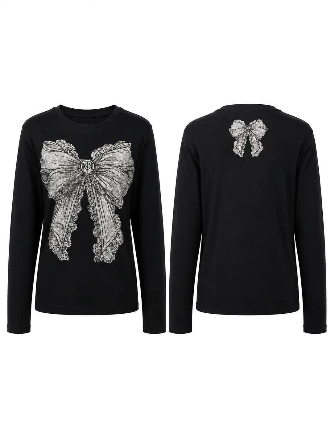 A black long-sleeve top shown from both front and back. The front features a large, detailed silver bow graphic with a central circular emblem, while the back has a smaller matching bow graphic near the upper back. TCH Rhinestone Bow Graphic Fitted Long Sleeve Top
