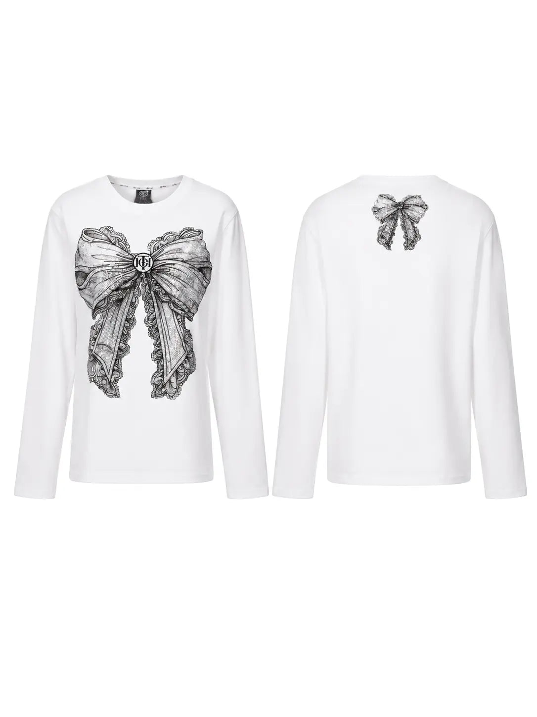A white long-sleeve crewneck sweatshirt shown from both front and back. The front features a large, detailed black and gray bow graphic on the chest, while the back has a smaller matching bow graphic on the upper back. TCH Rhinestone Bow Graphic Fitted Long Sleeve Top