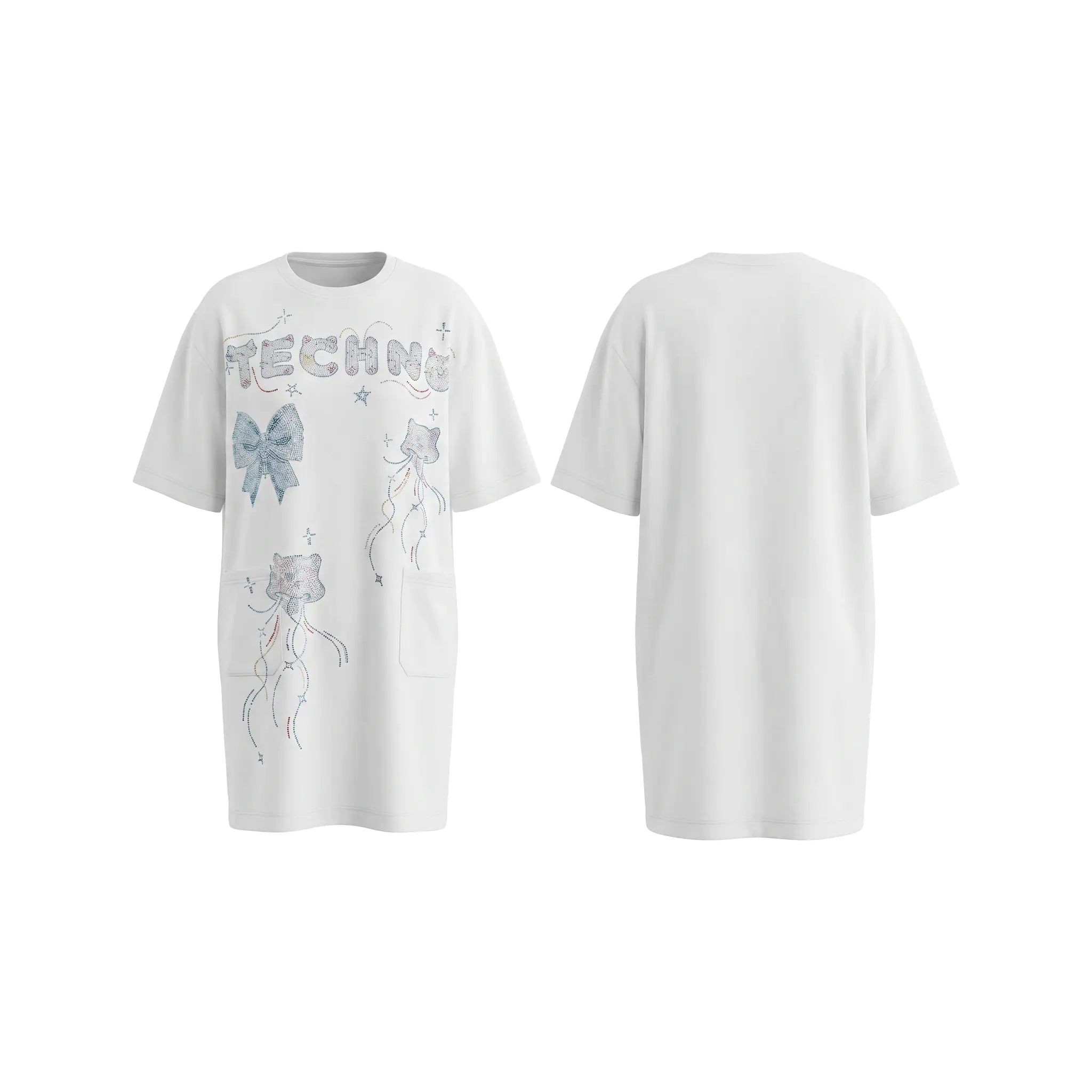 A white short-sleeve t-shirt shown from both the front and back views. The front features a graphic print with the word 'TECHNO' in a stylized font, accompanied by light blue bows, a cat illustration, and small stars. TCH Rhinestone Bow Graphic Oversized T-Shirt Dress