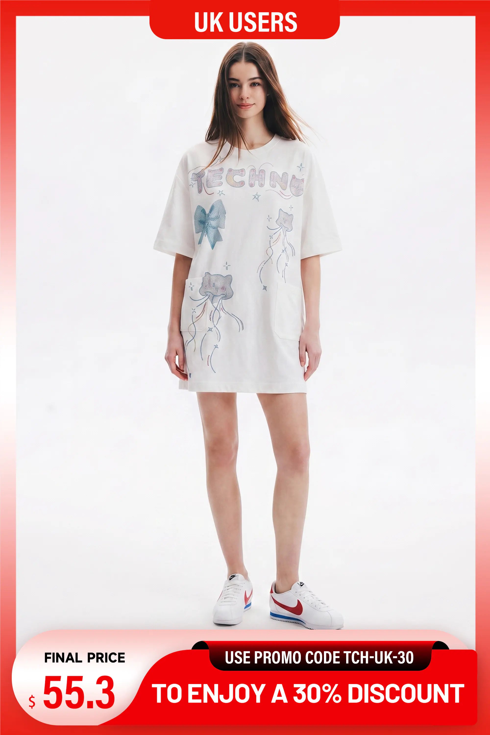 A woman wearing a white short-sleeve V-neck T-shirt with a teddy bear graphic and scattered star prints, paired with light beige jeans. The image has promotional overlays including a red banner at the top and a discount banner at the bottom. TCH Rhinestone Bow Graphic Oversized T-Shirt Dress