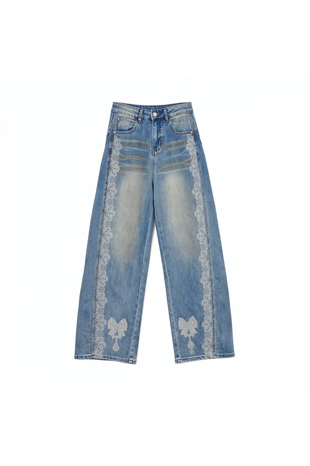 Light blue denim jeans with white lace panels running down the front of the legs and bow details near the hems, shown flat against a white background. TCH Rhinestone Bow Lace Side Panel Wide Leg Jeans
