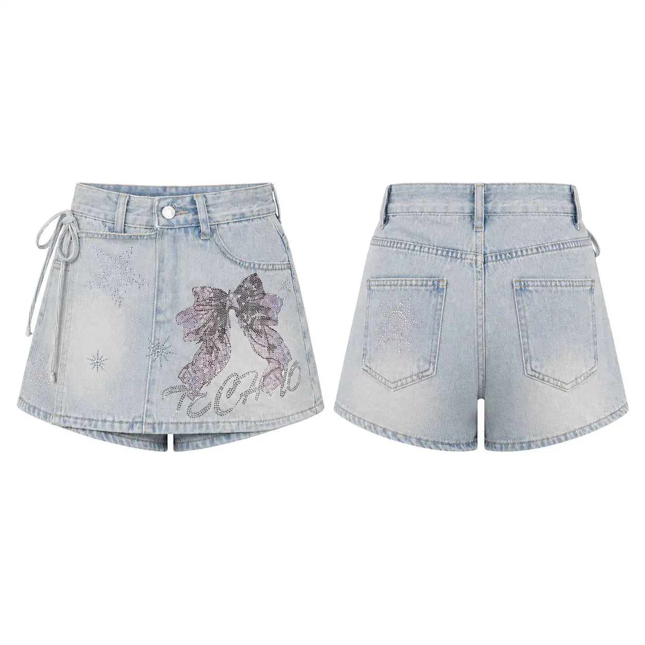 Light-wash denim shorts shown from the front and back on a white background. The front features a large purple bow graphic, a purple script print, and a drawstring on the side. TCH Rhinestone Bow Light Wash Denim Shorts